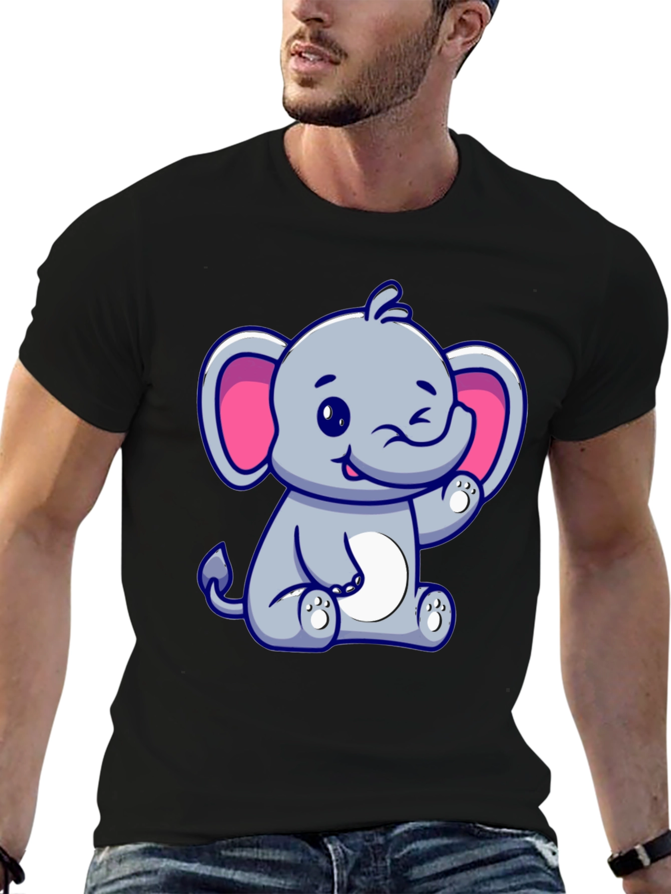 Cute Cartoon Elephant Graphic Tee - Black Cotton Shirt