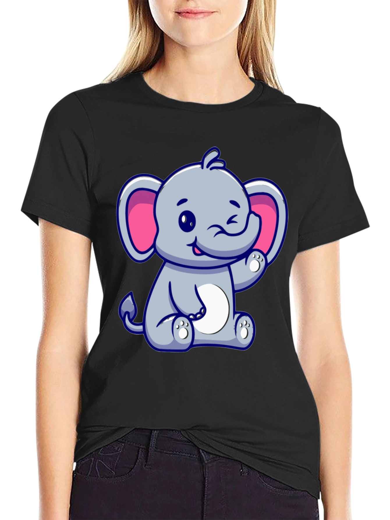 Cute Cartoon Elephant Graphic Tee - Black Cotton Shirt