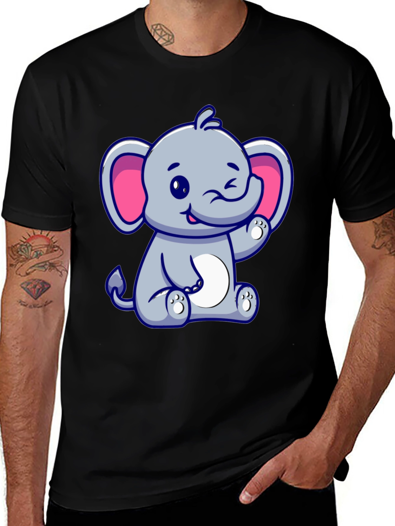 Cute Cartoon Elephant Graphic Tee - Black Cotton Shirt