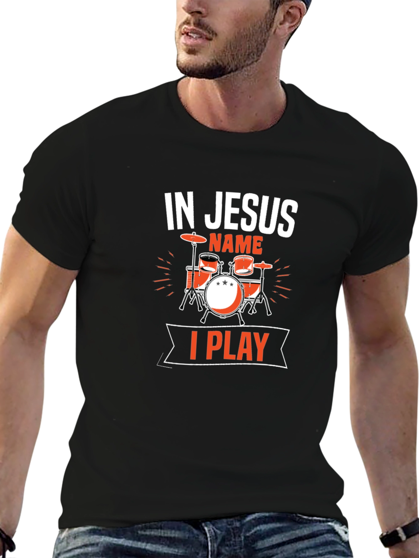 In Jesus Name I Play Drums Black T-Shirt