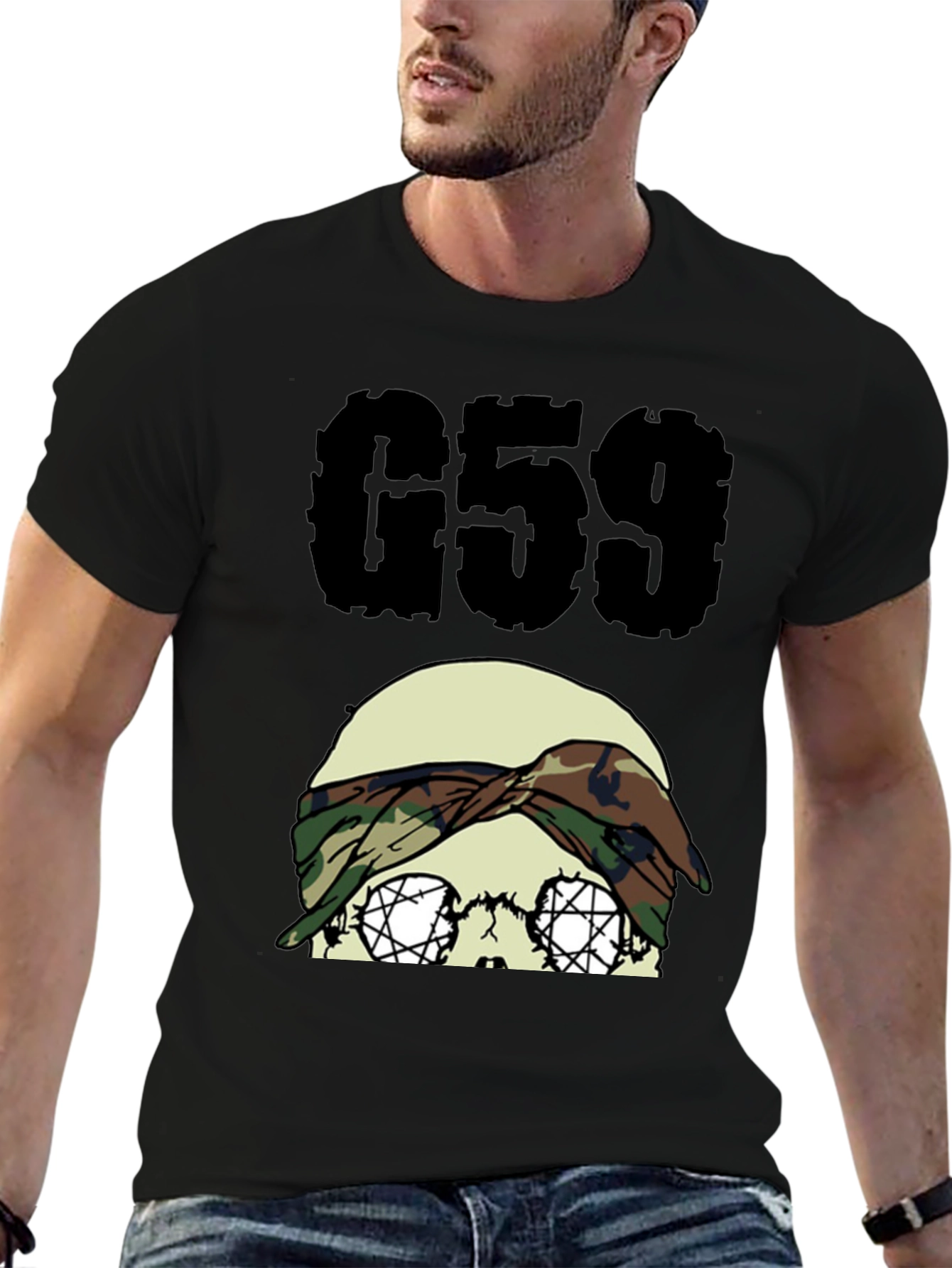 G59 Skull Camo Headband Black Graphic Tee