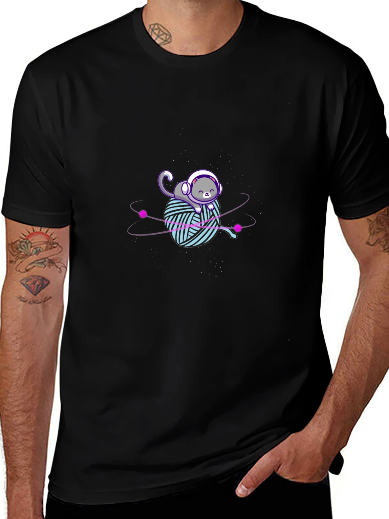 Astronaut Cat Yarn Ball Graphic Tee - Black