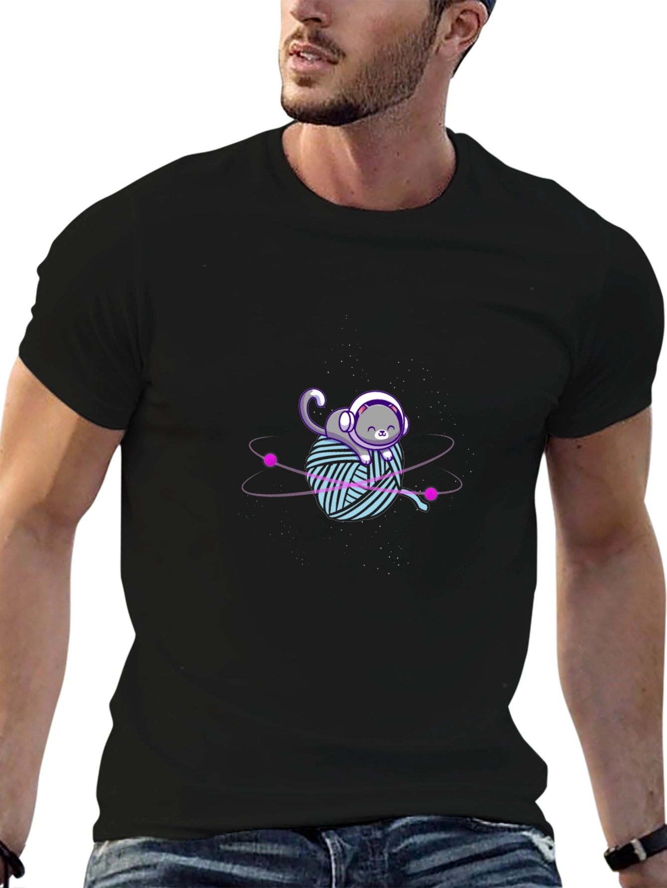 Astronaut Cat Yarn Ball Graphic Tee - Black
