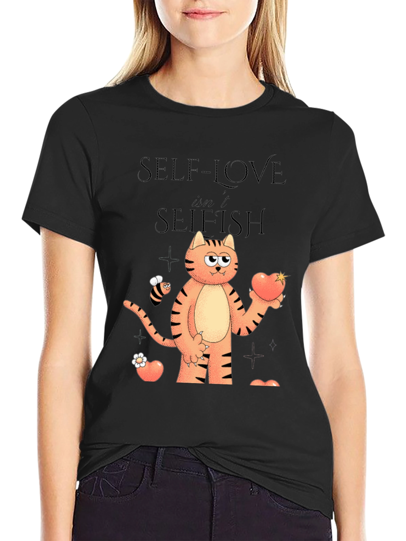 Self-Love Isnt Selfish Cartoon Cat Graphic T-Shirt