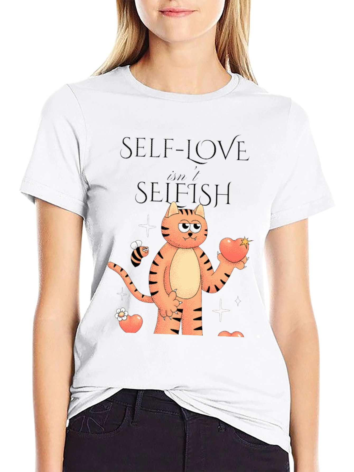 Self-Love Isnt Selfish Cartoon Cat Graphic T-Shirt