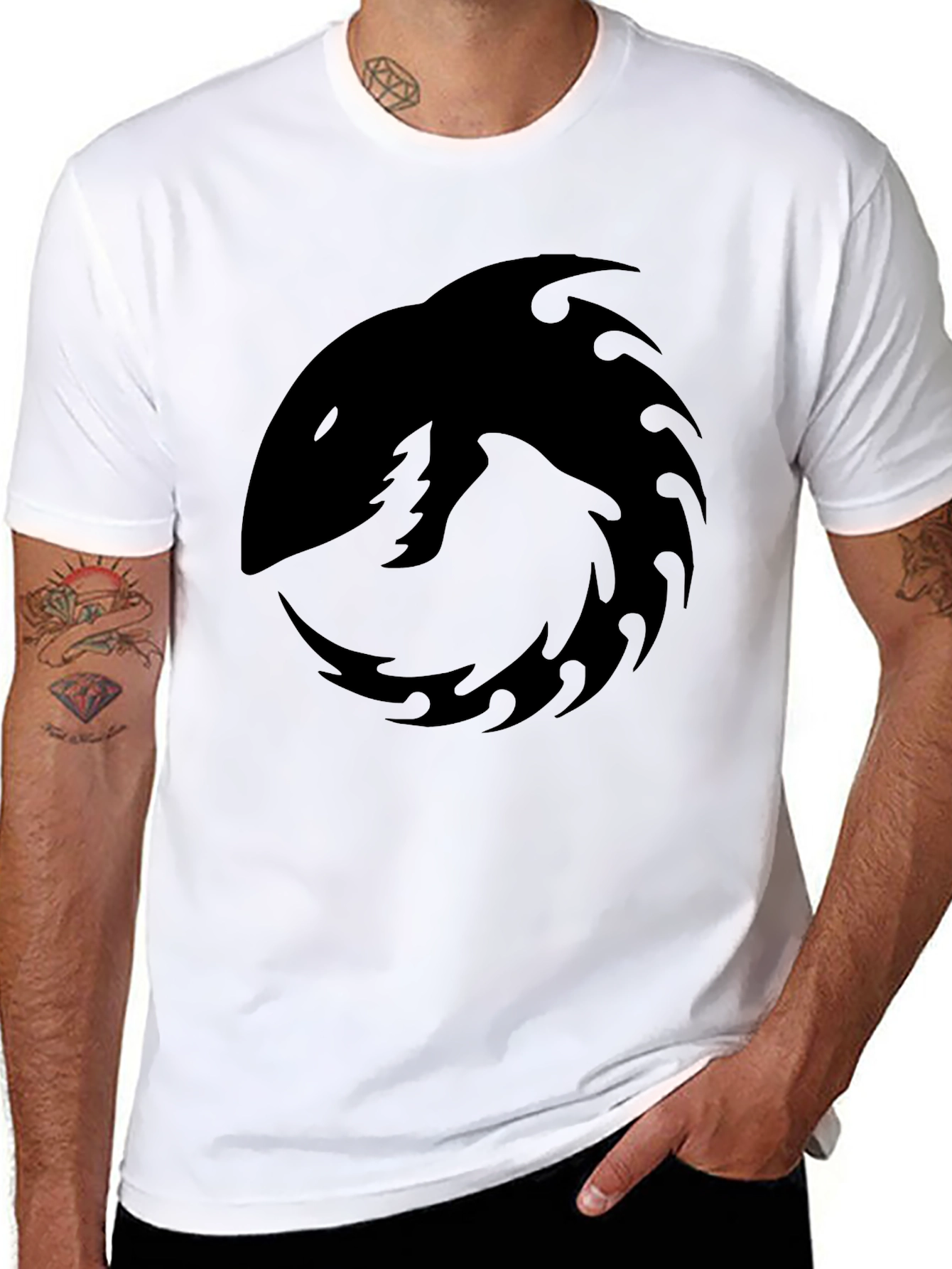 Mens Black Graphic Tee - Shark Tribal Design