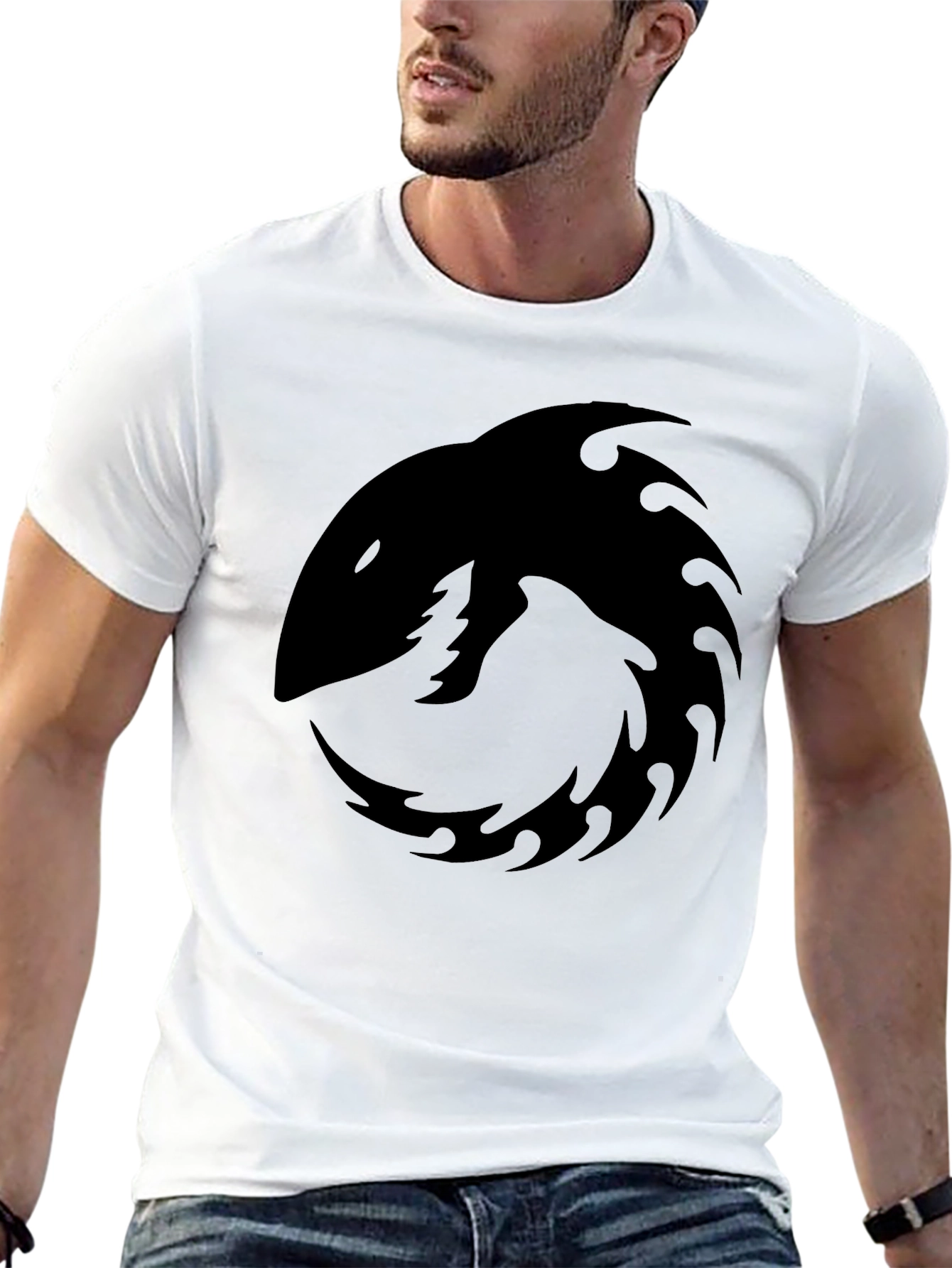 Mens Black Graphic Tee - Shark Tribal Design