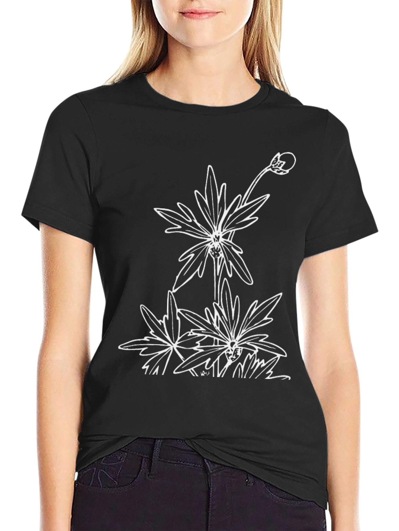 Black T-Shirt with Floral Graphic Print