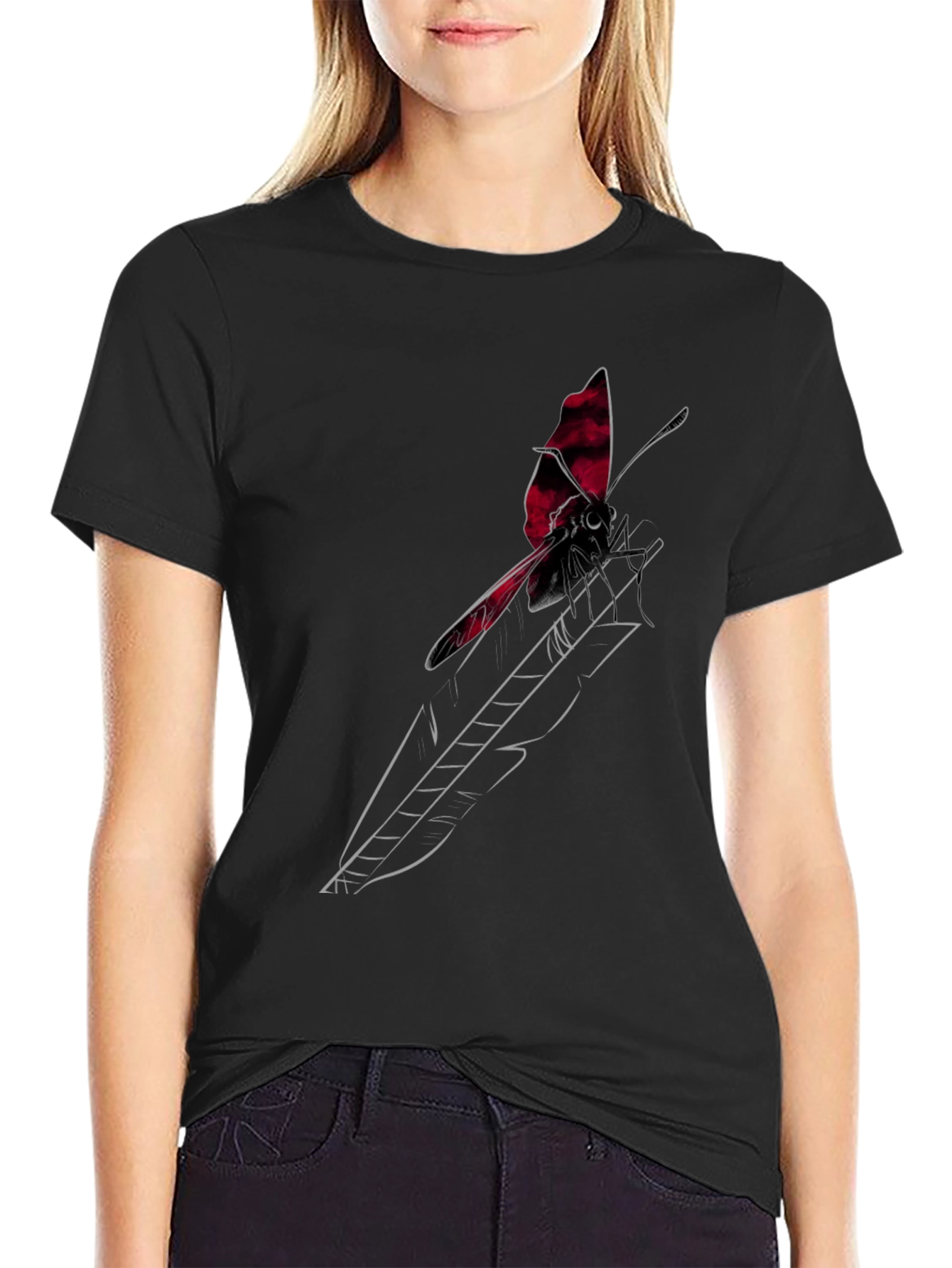 Black T-Shirt with Butterfly Feather Graphic Design
