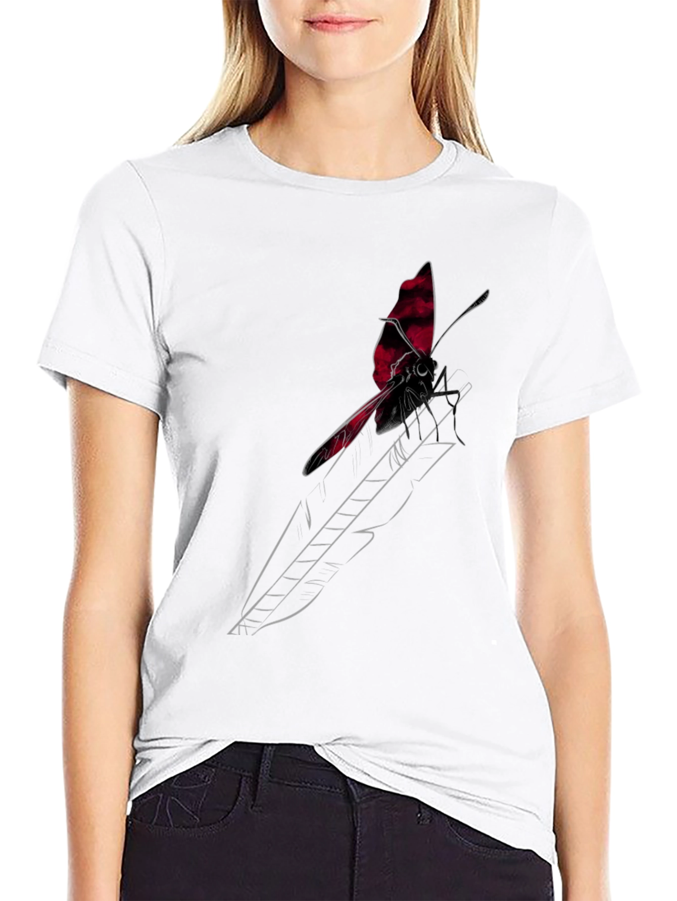 Black T-Shirt with Butterfly Feather Graphic Design