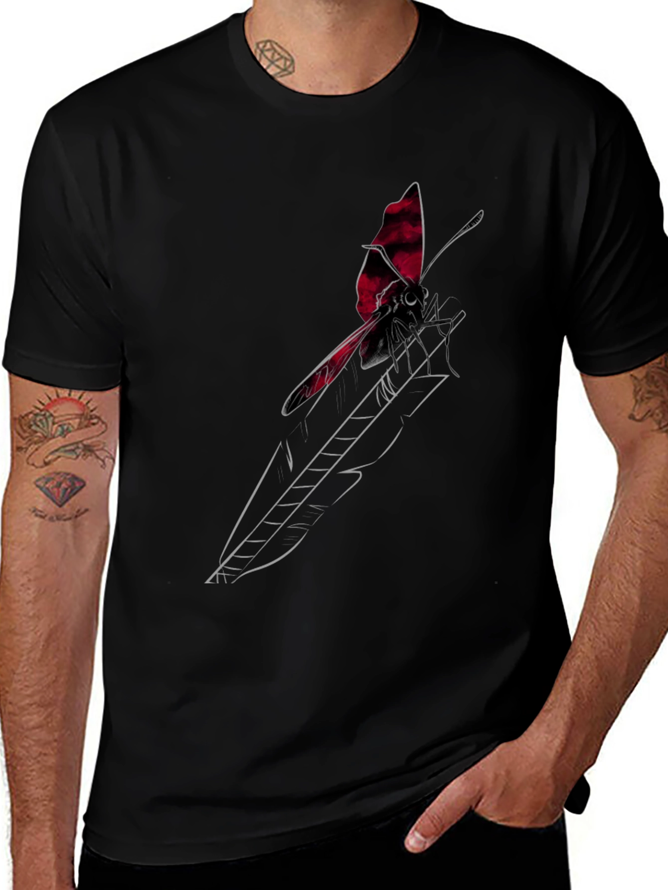 Black T-Shirt with Butterfly Feather Graphic Design