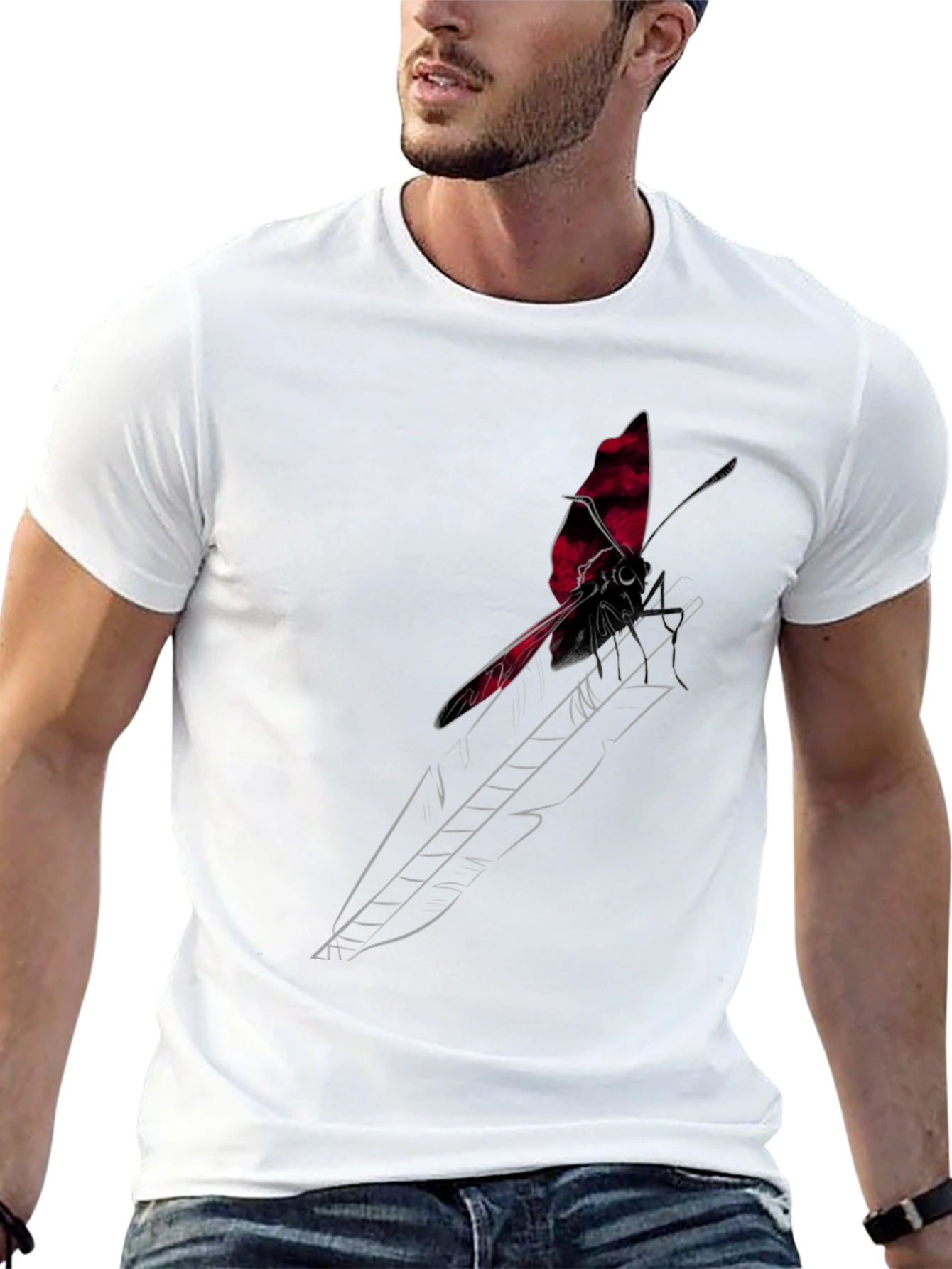 Black T-Shirt with Butterfly Feather Graphic Design
