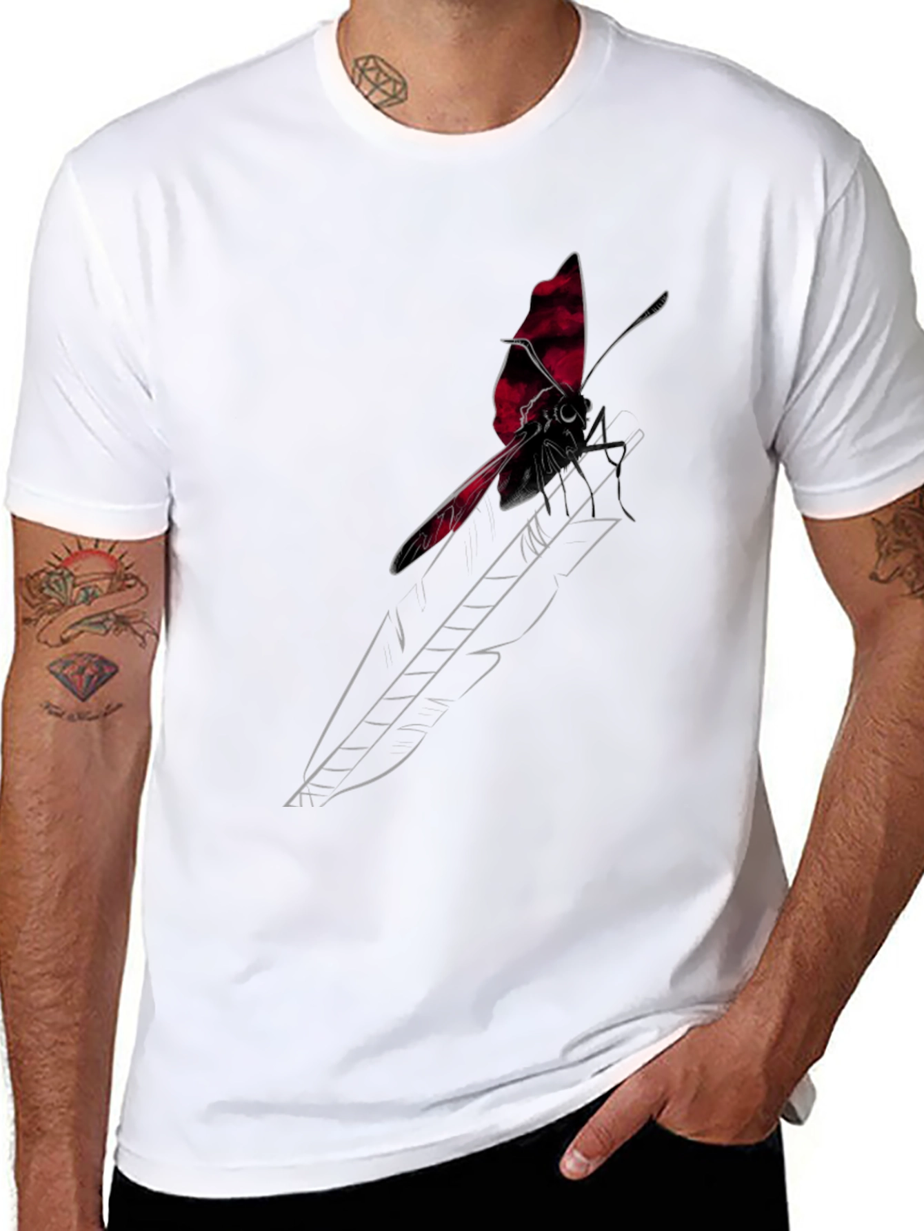Black T-Shirt with Butterfly Feather Graphic Design