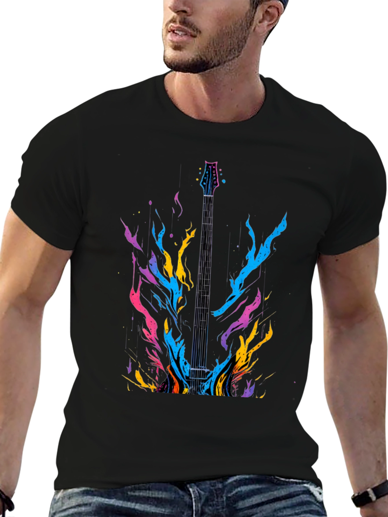 Electric Guitar Flames Graphic T-Shirt - Music Lover Tee