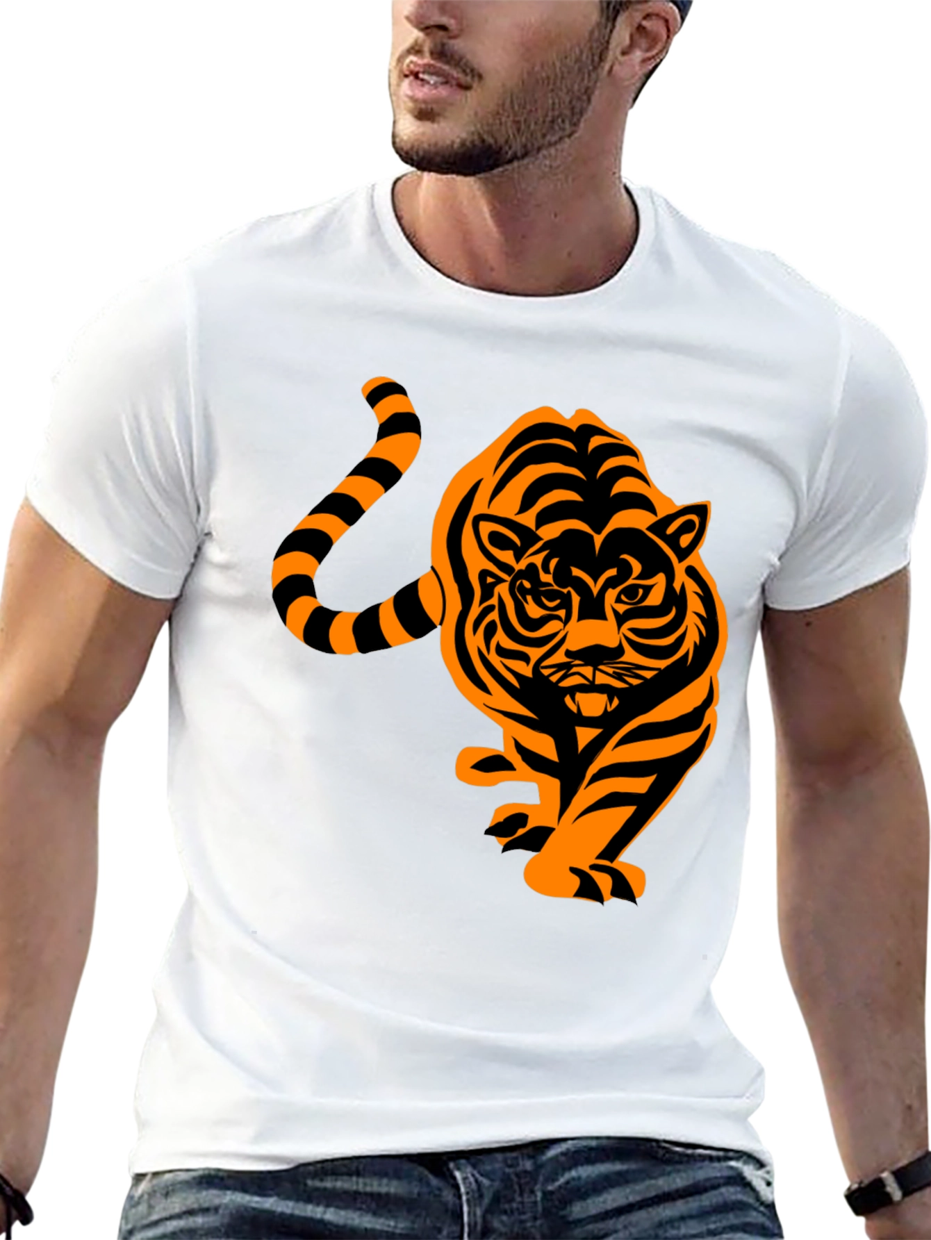 Mens Black T-Shirt with Orange Tiger Design