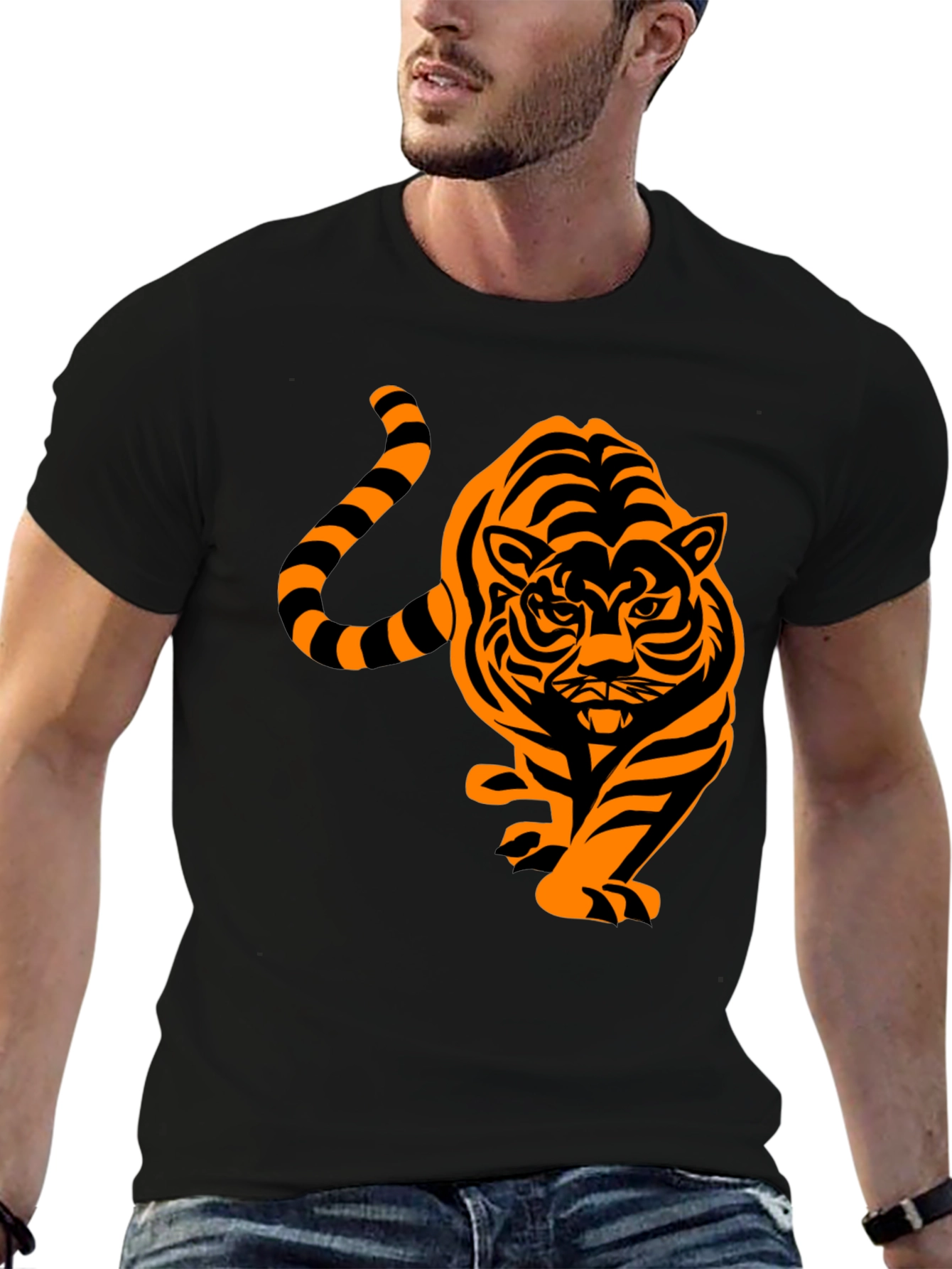 Mens Black T-Shirt with Orange Tiger Design