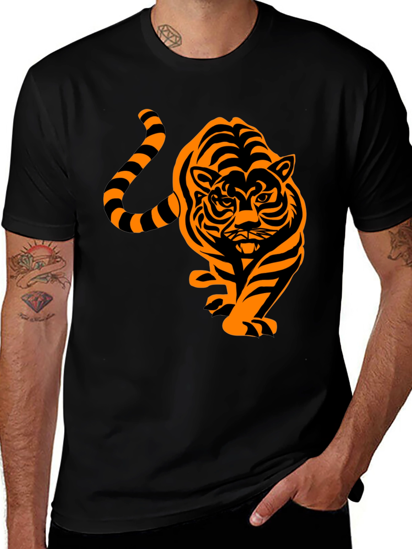 Mens Black T-Shirt with Orange Tiger Design