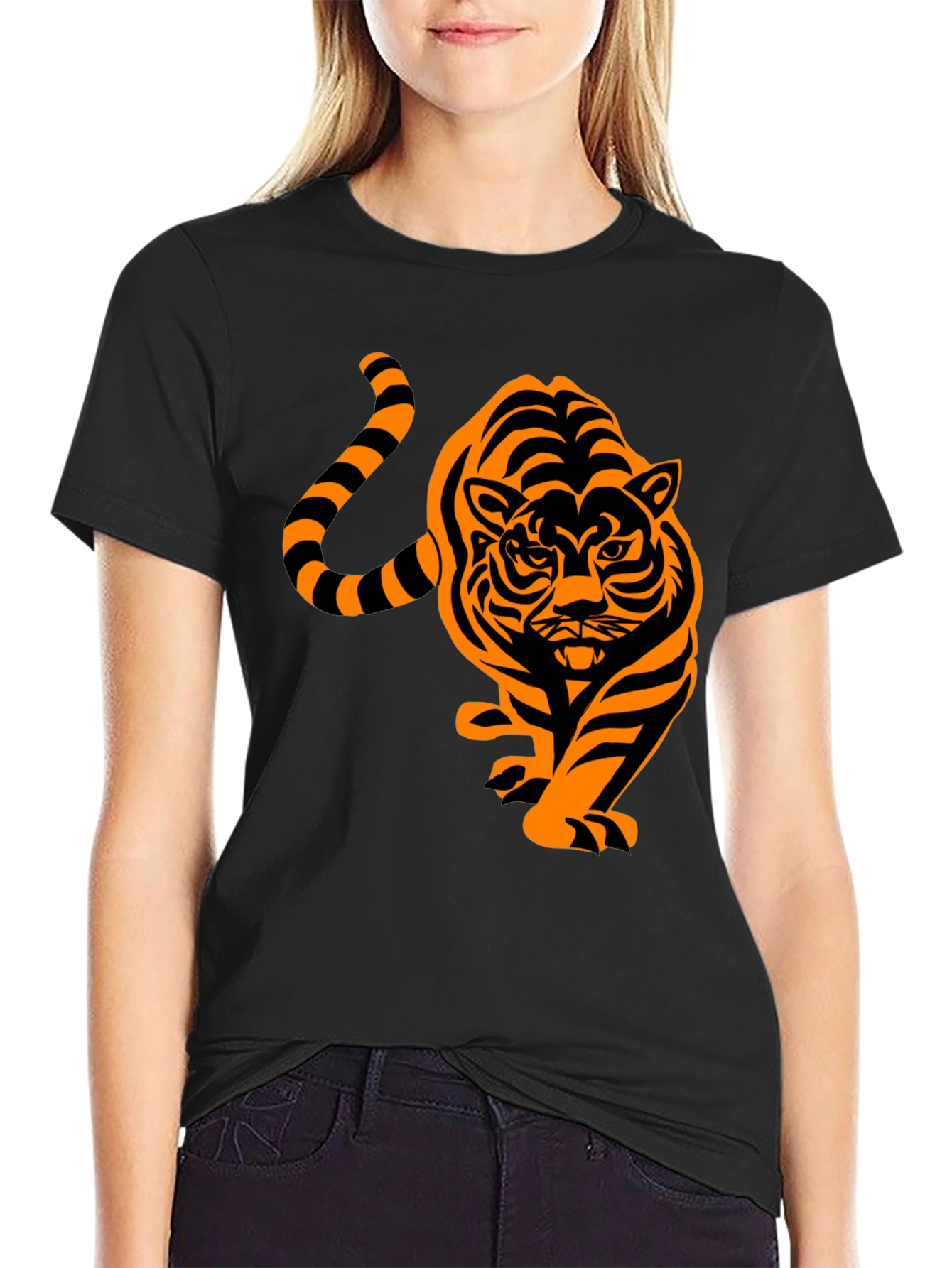 Mens Black T-Shirt with Orange Tiger Design
