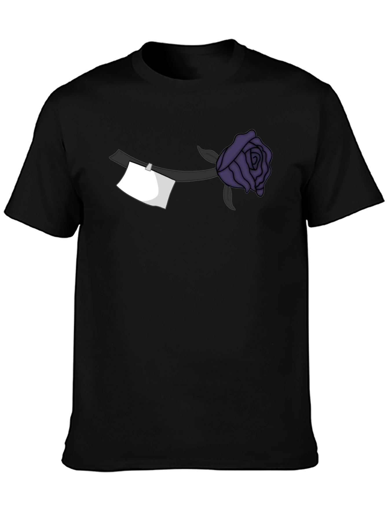 Black T-Shirt with Purple Rose and Note Design