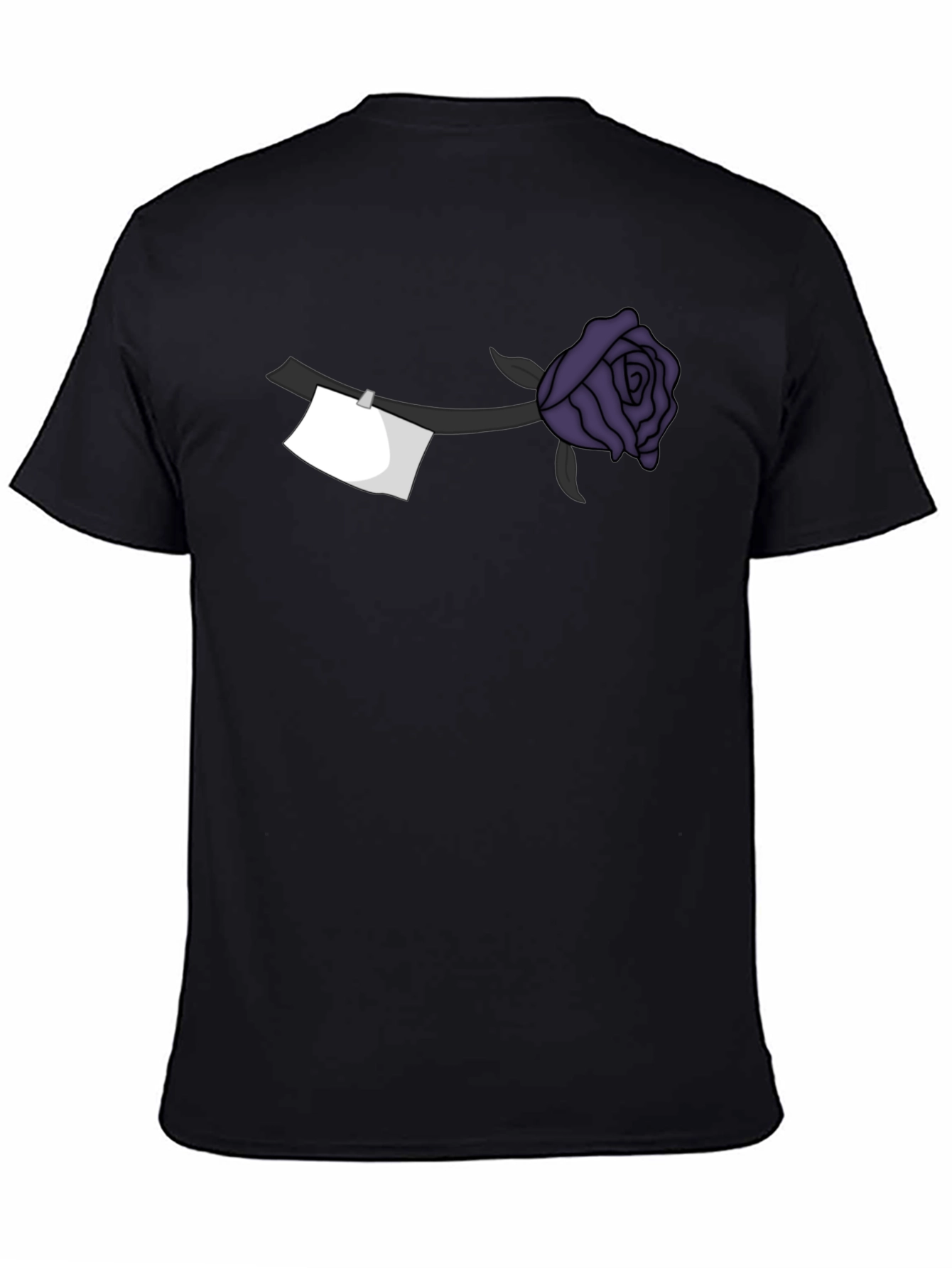 Black T-Shirt with Purple Rose and Note Design