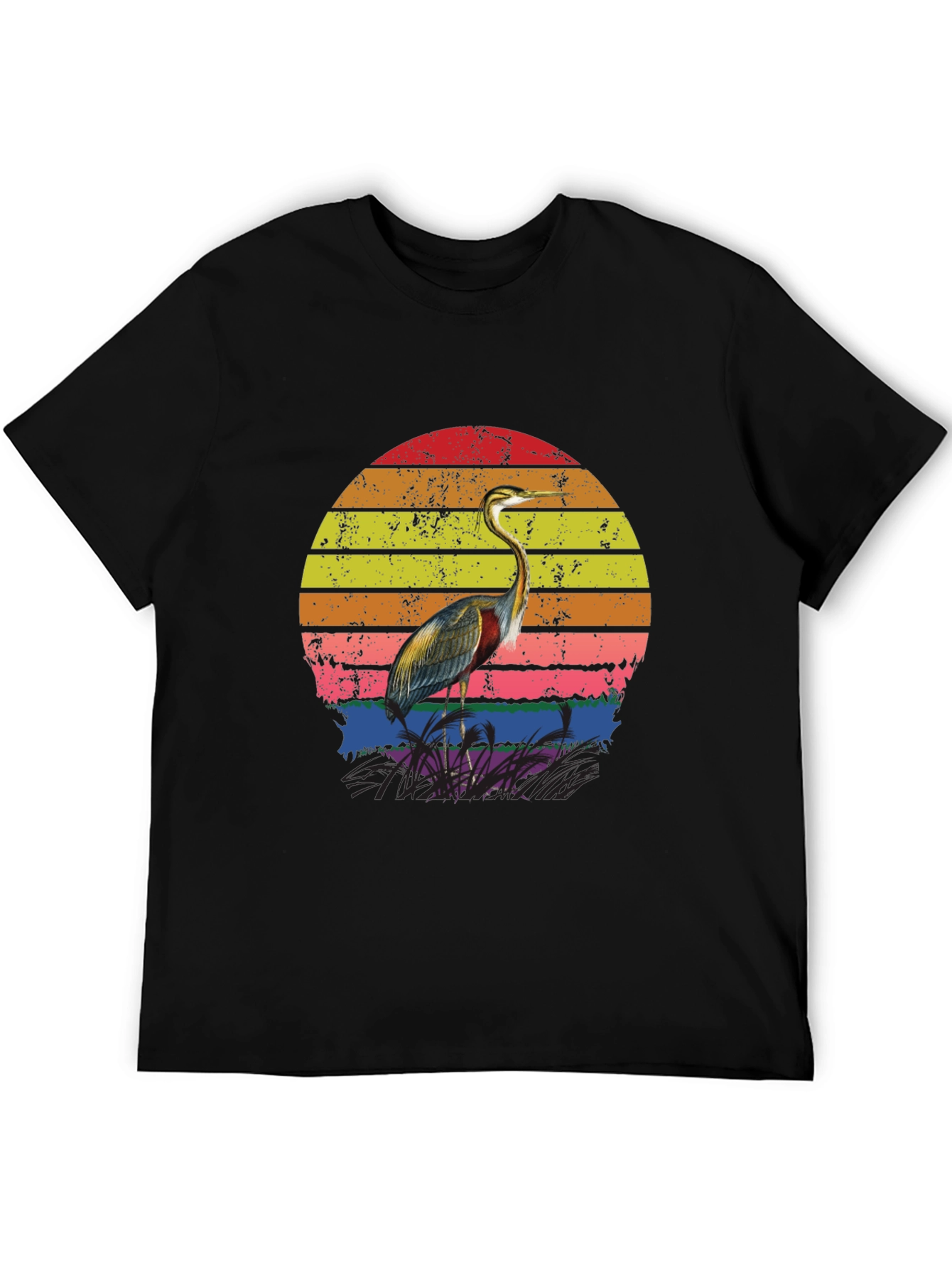 Retro Heron Sunset Graphic Tee - Black Cotton Blend