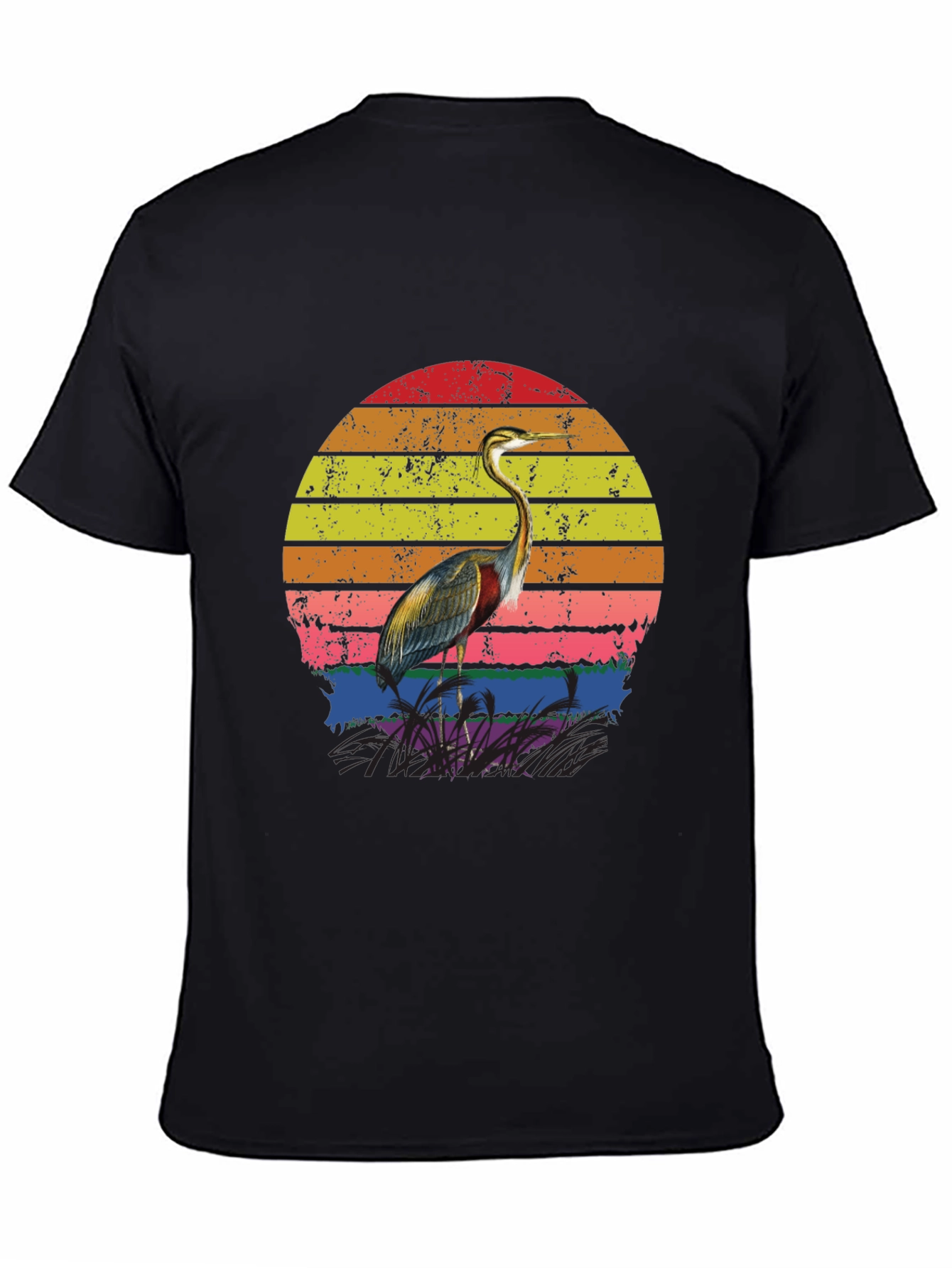 Retro Heron Sunset Graphic Tee - Black Cotton Blend
