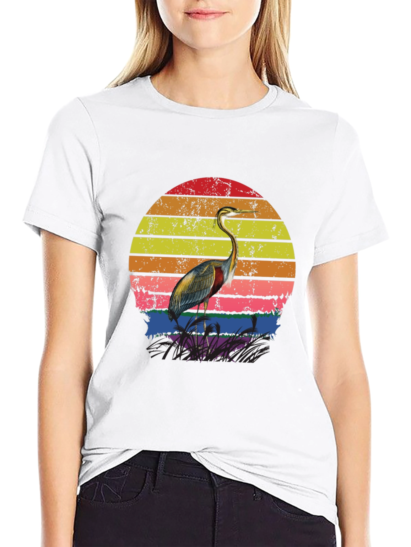 Retro Heron Sunset Graphic Tee - Black Cotton Blend