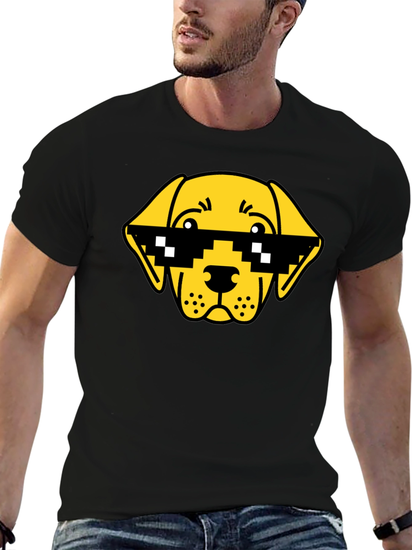 Funny Dog Pixel Sunglasses Black T-Shirt