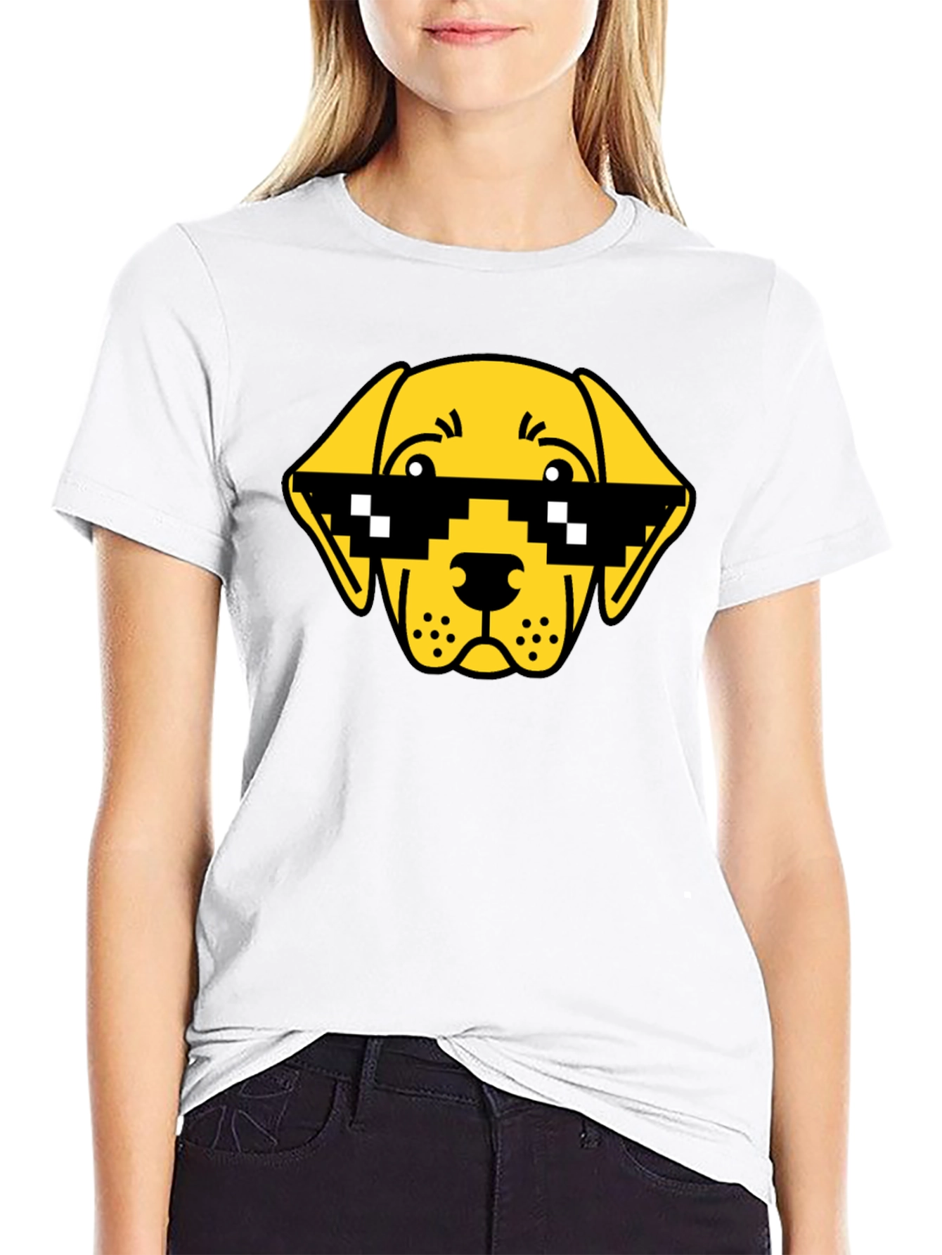 Funny Dog Pixel Sunglasses Black T-Shirt