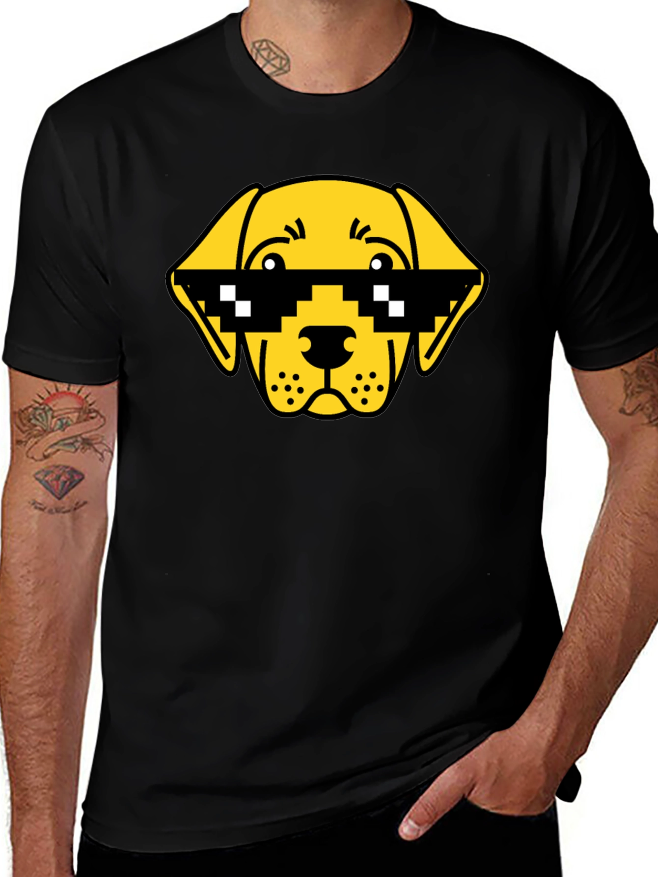 Funny Dog Pixel Sunglasses Black T-Shirt