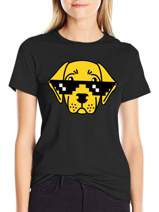 Funny Dog Pixel Sunglasses Black T-Shirt