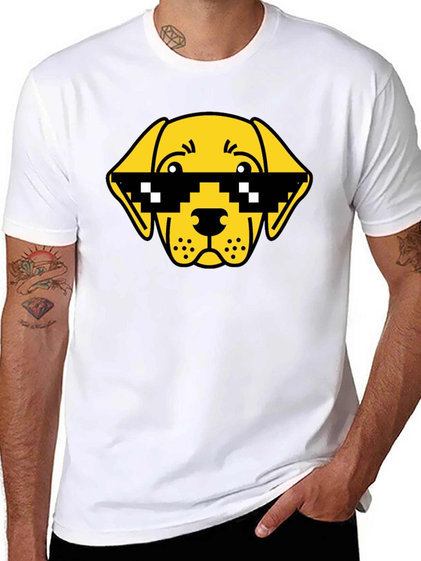 Funny Dog Pixel Sunglasses Black T-Shirt
