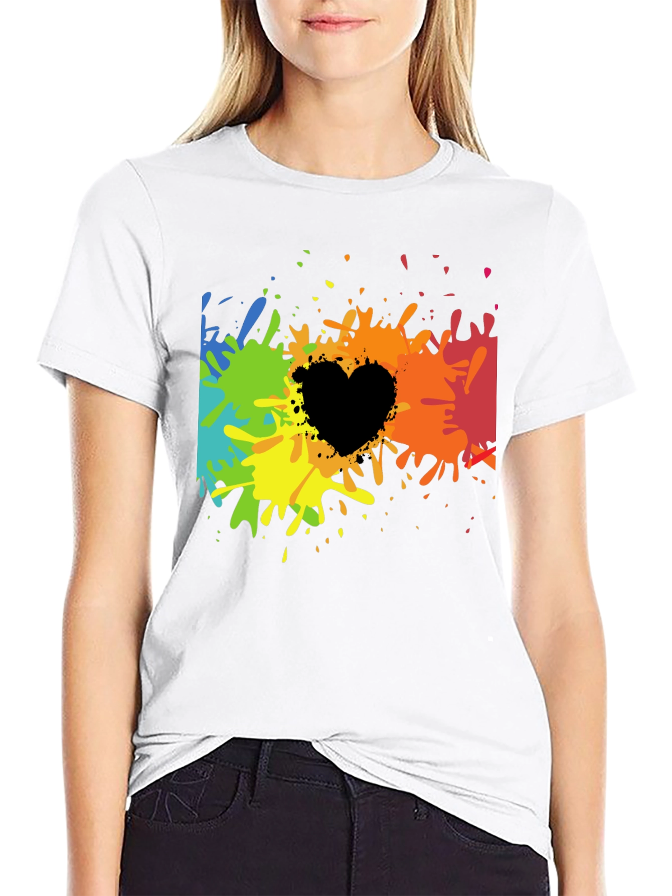 Rainbow Splatter Heart Graphic Tee - Black