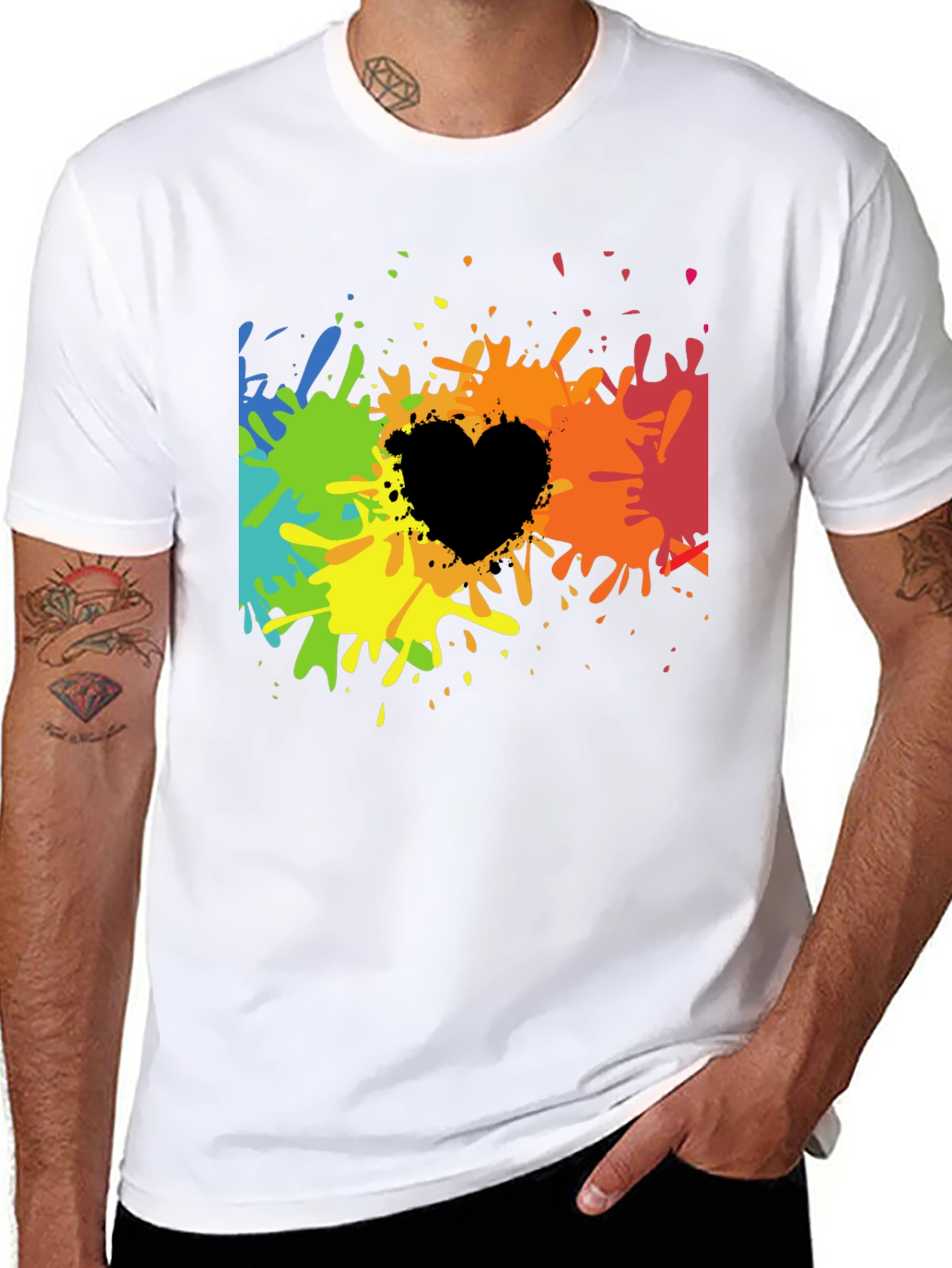 Rainbow Splatter Heart Graphic Tee - Black