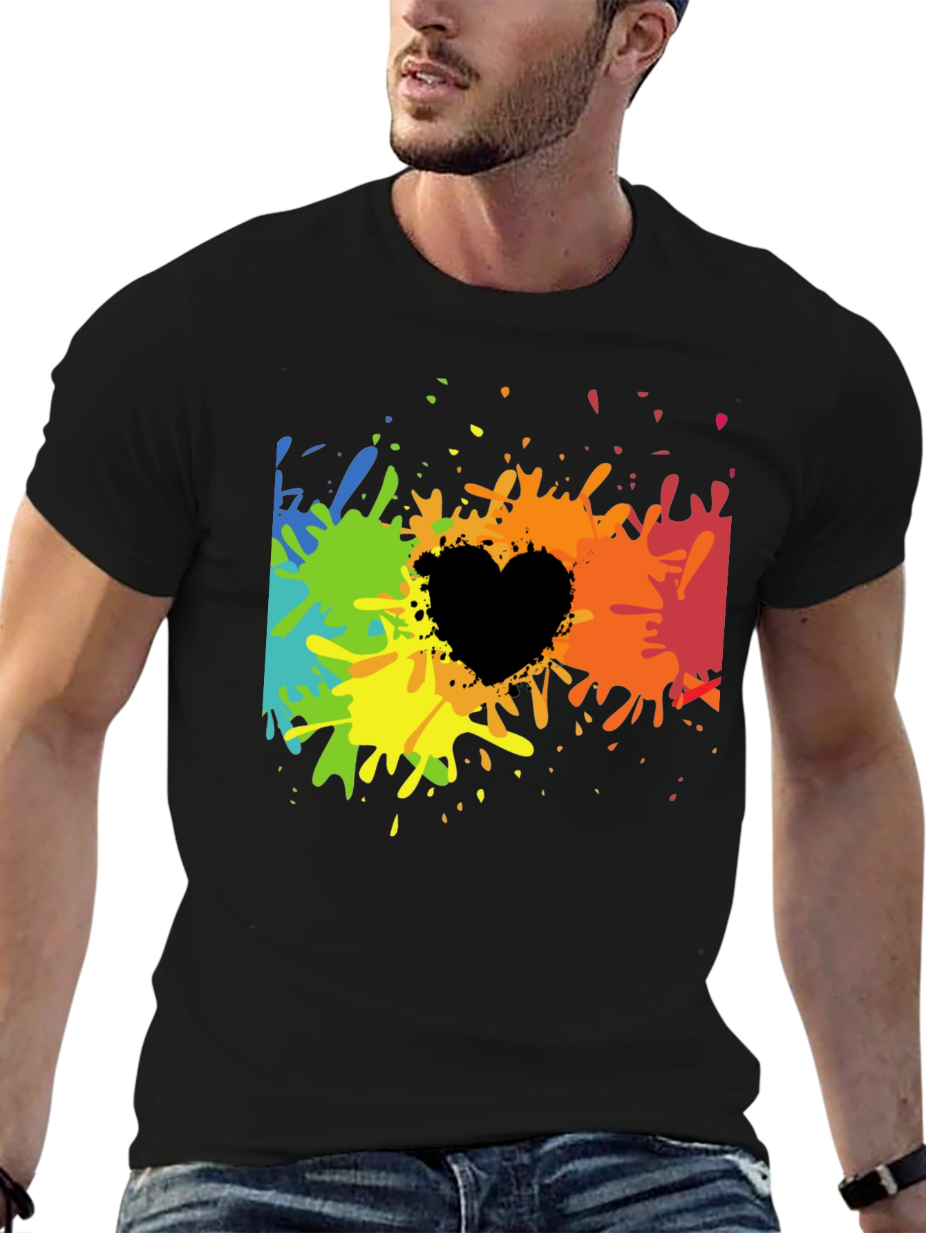 Rainbow Splatter Heart Graphic Tee - Black