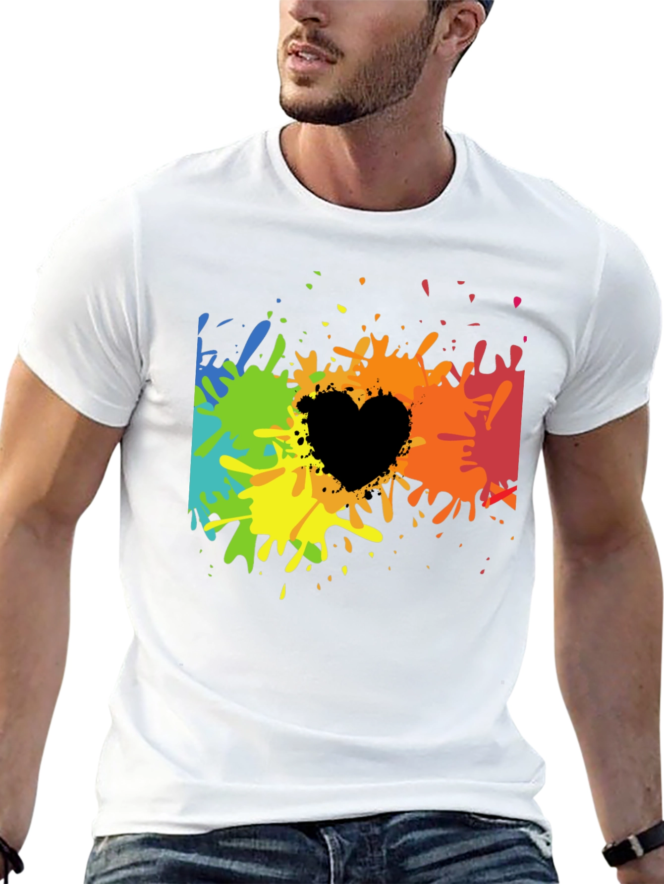 Rainbow Splatter Heart Graphic Tee - Black
