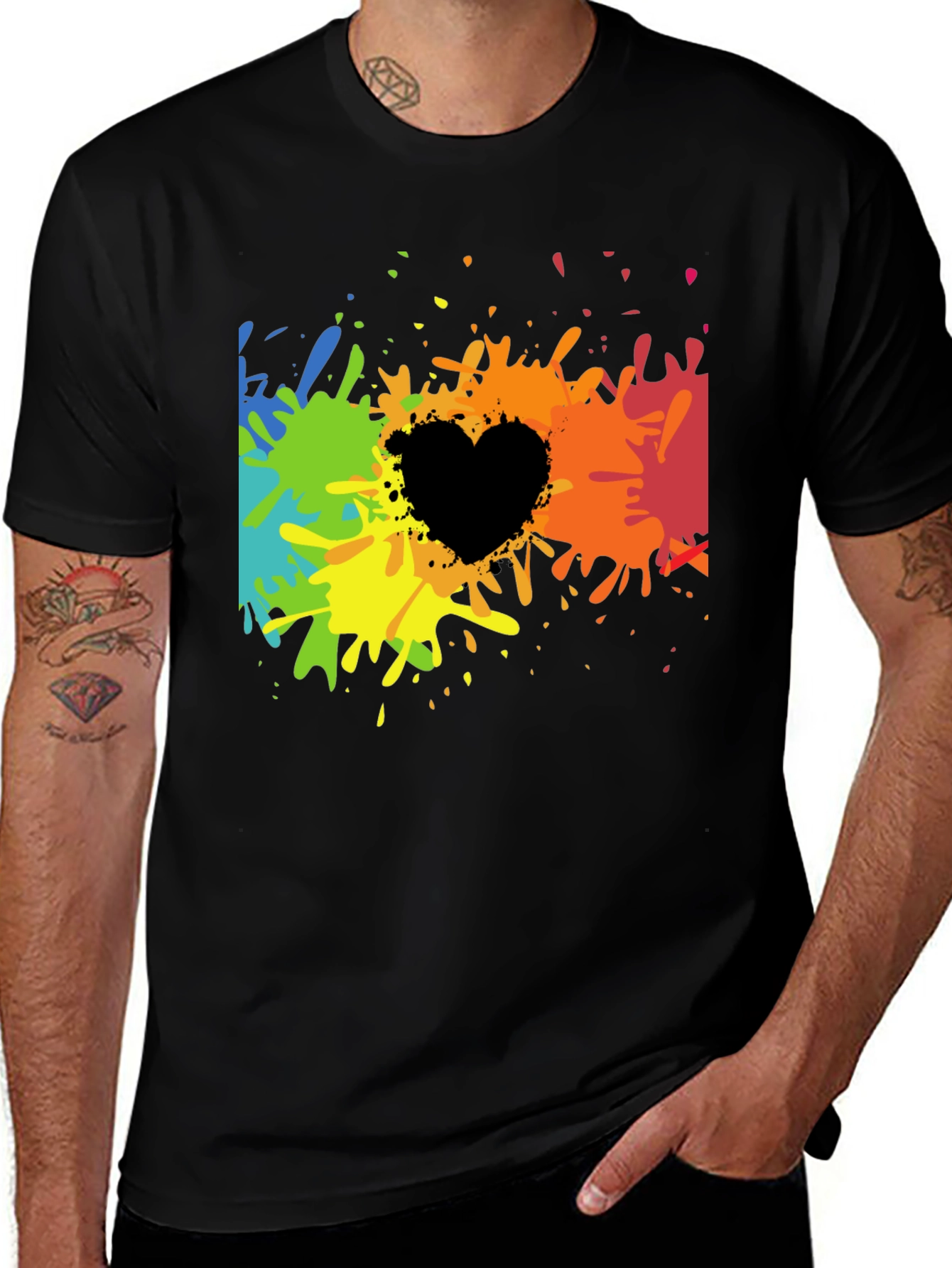 Rainbow Splatter Heart Graphic Tee - Black