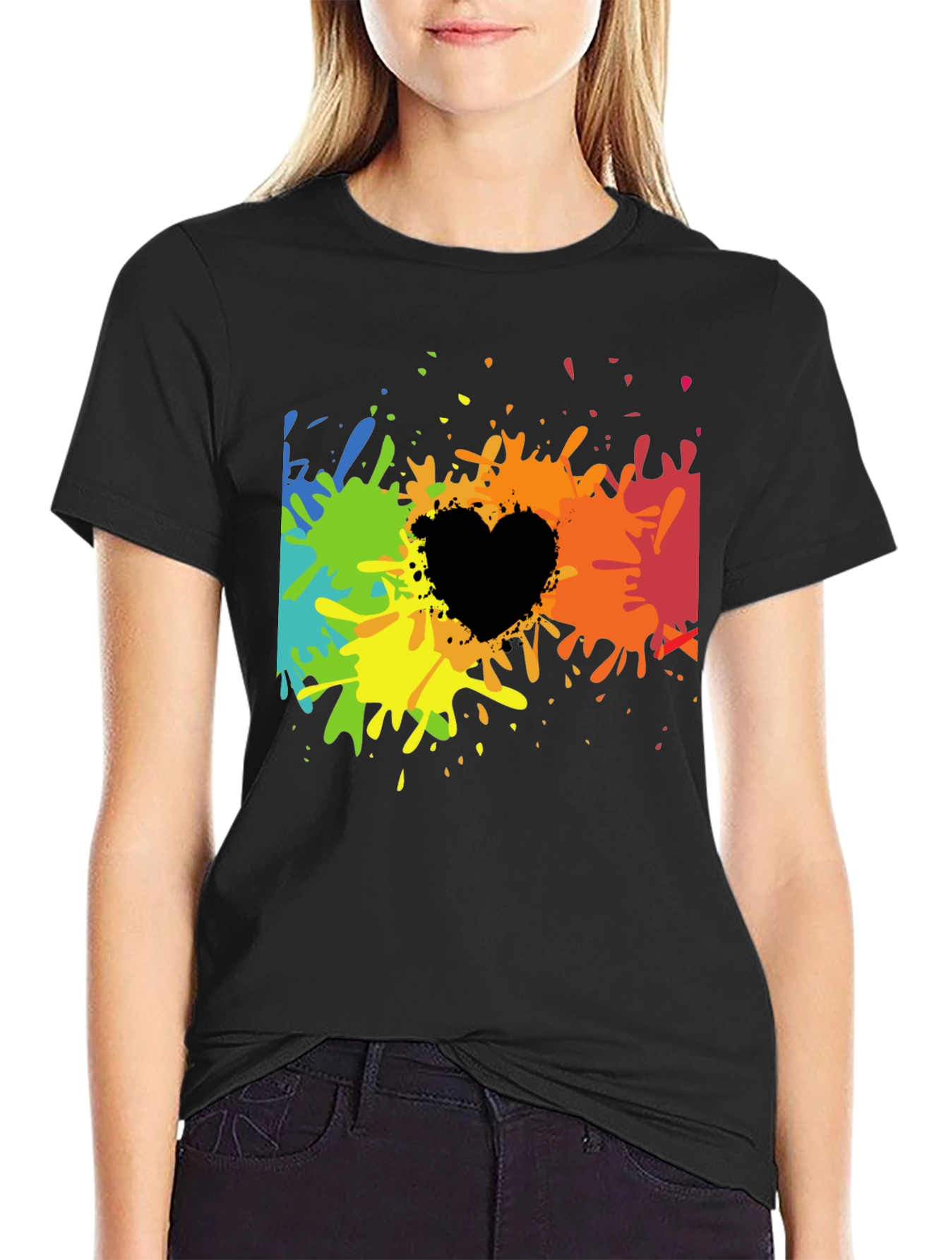 Rainbow Splatter Heart Graphic Tee - Black