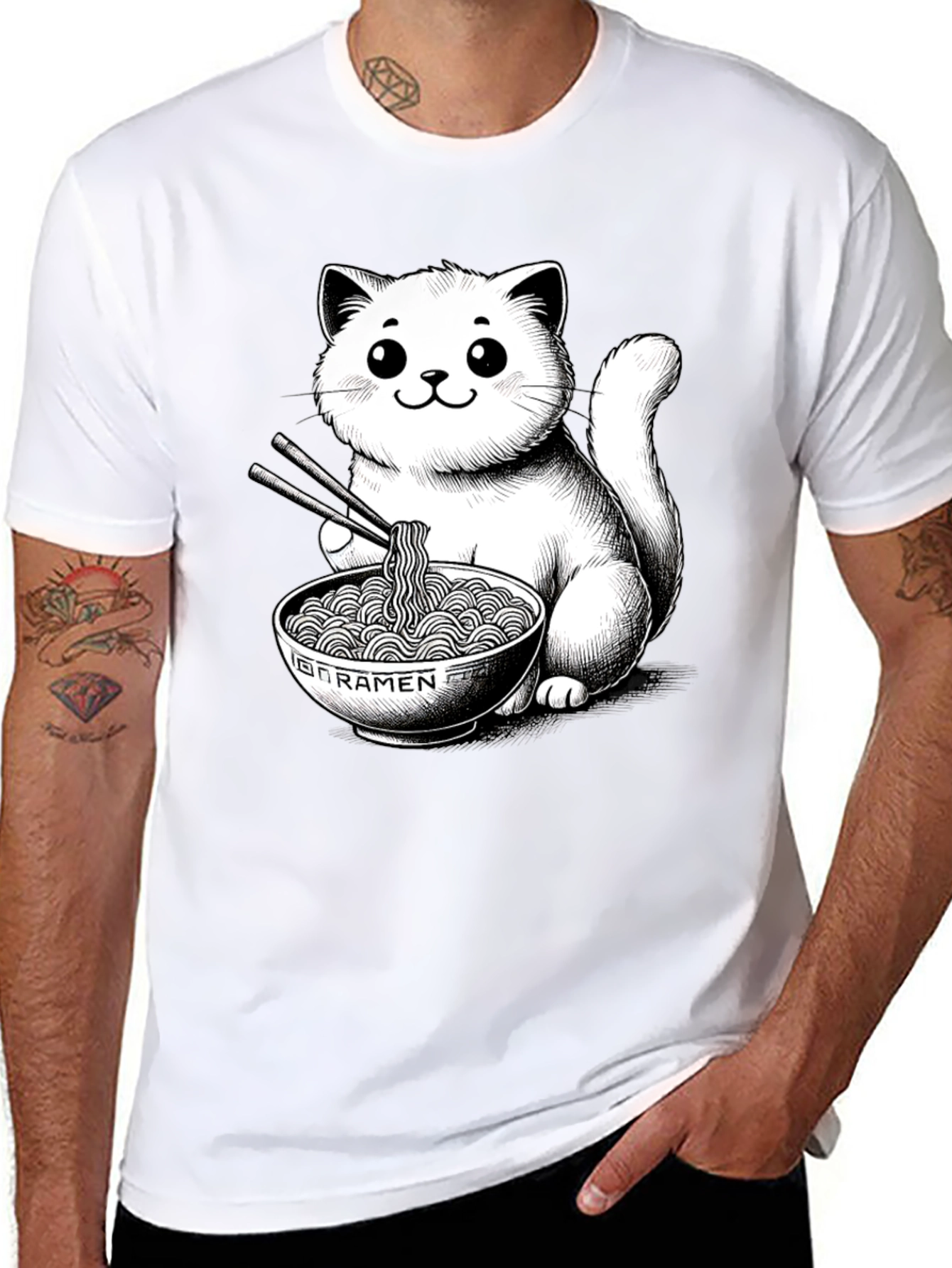 Cat Ramen T-Shirt - Kawaii Kitten Noodles Graphic Tee