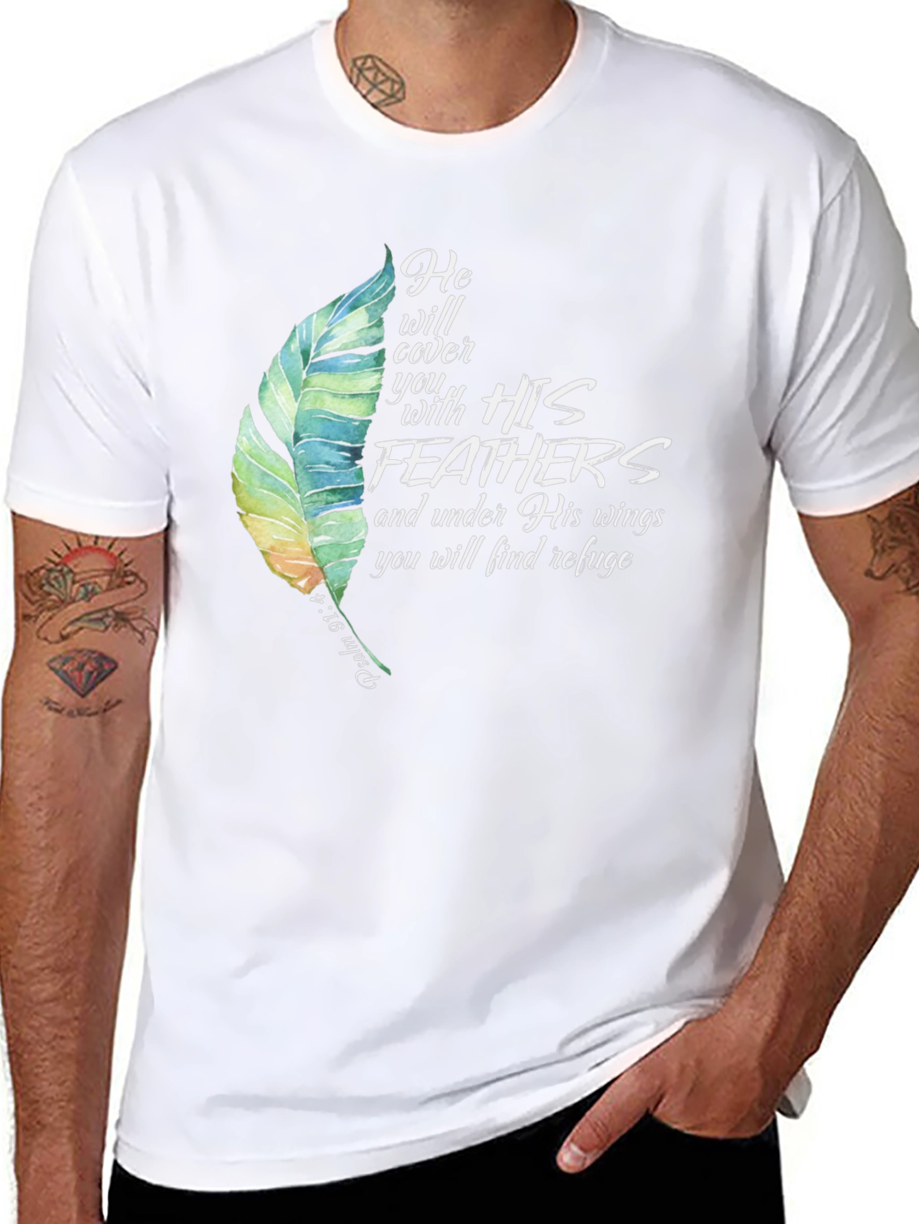 Feathers Graphic Tee Psalm 91:4 Religious Shirt