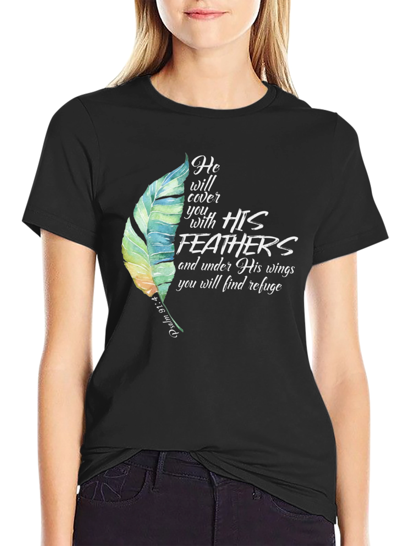 Feathers Graphic Tee Psalm 91:4 Religious Shirt