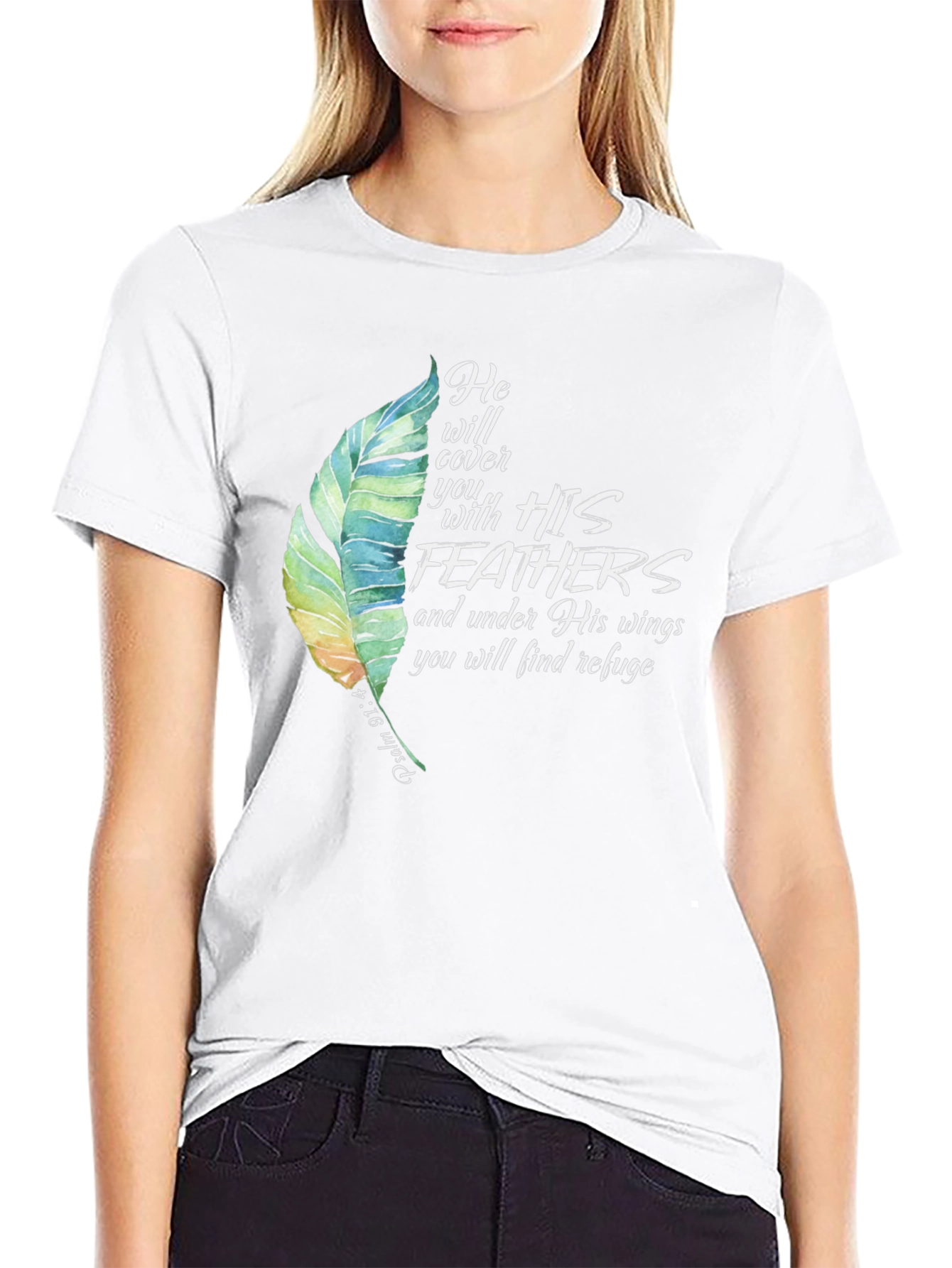 Feathers Graphic Tee Psalm 91:4 Religious Shirt