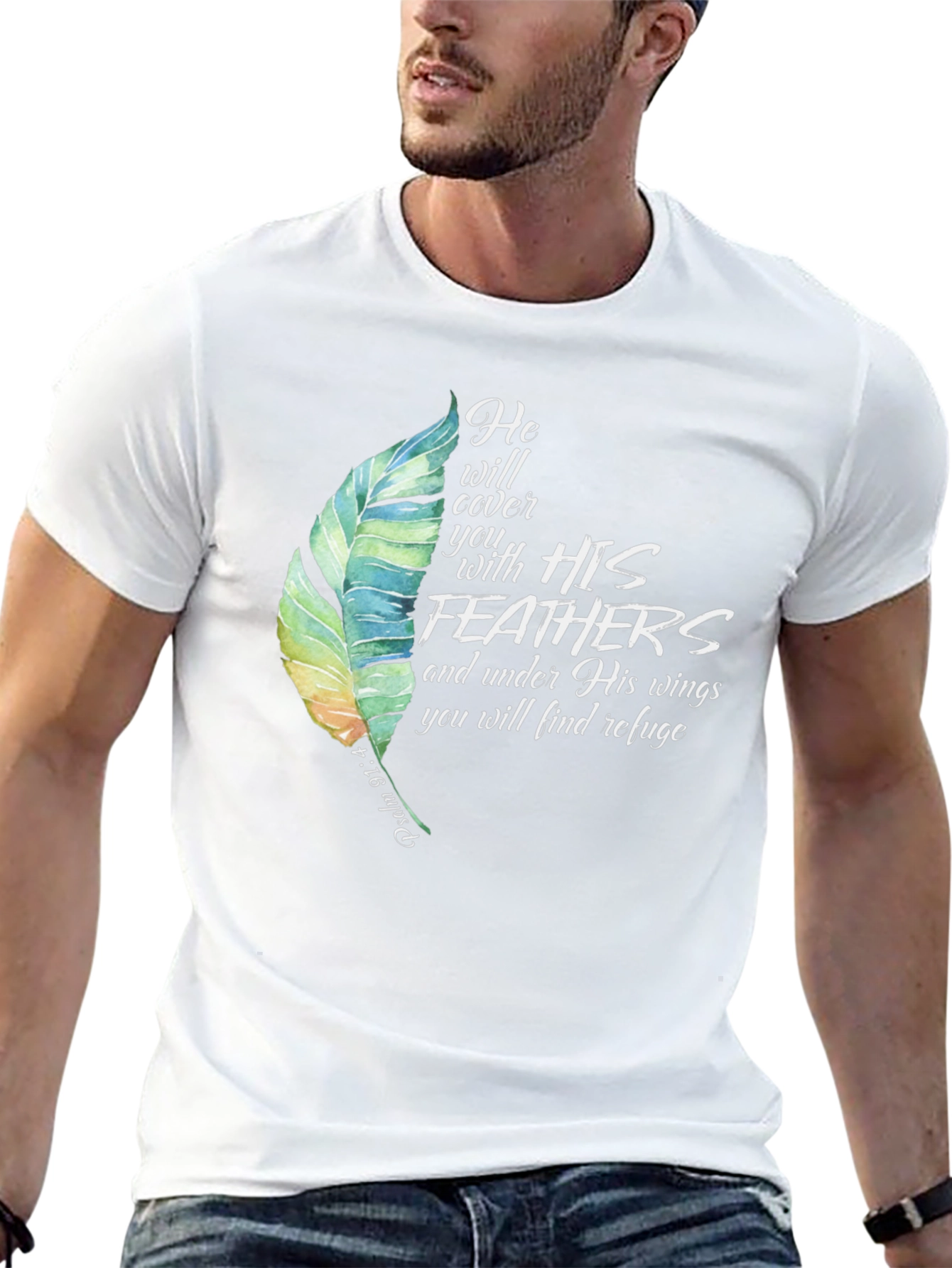 Feathers Graphic Tee Psalm 91:4 Religious Shirt