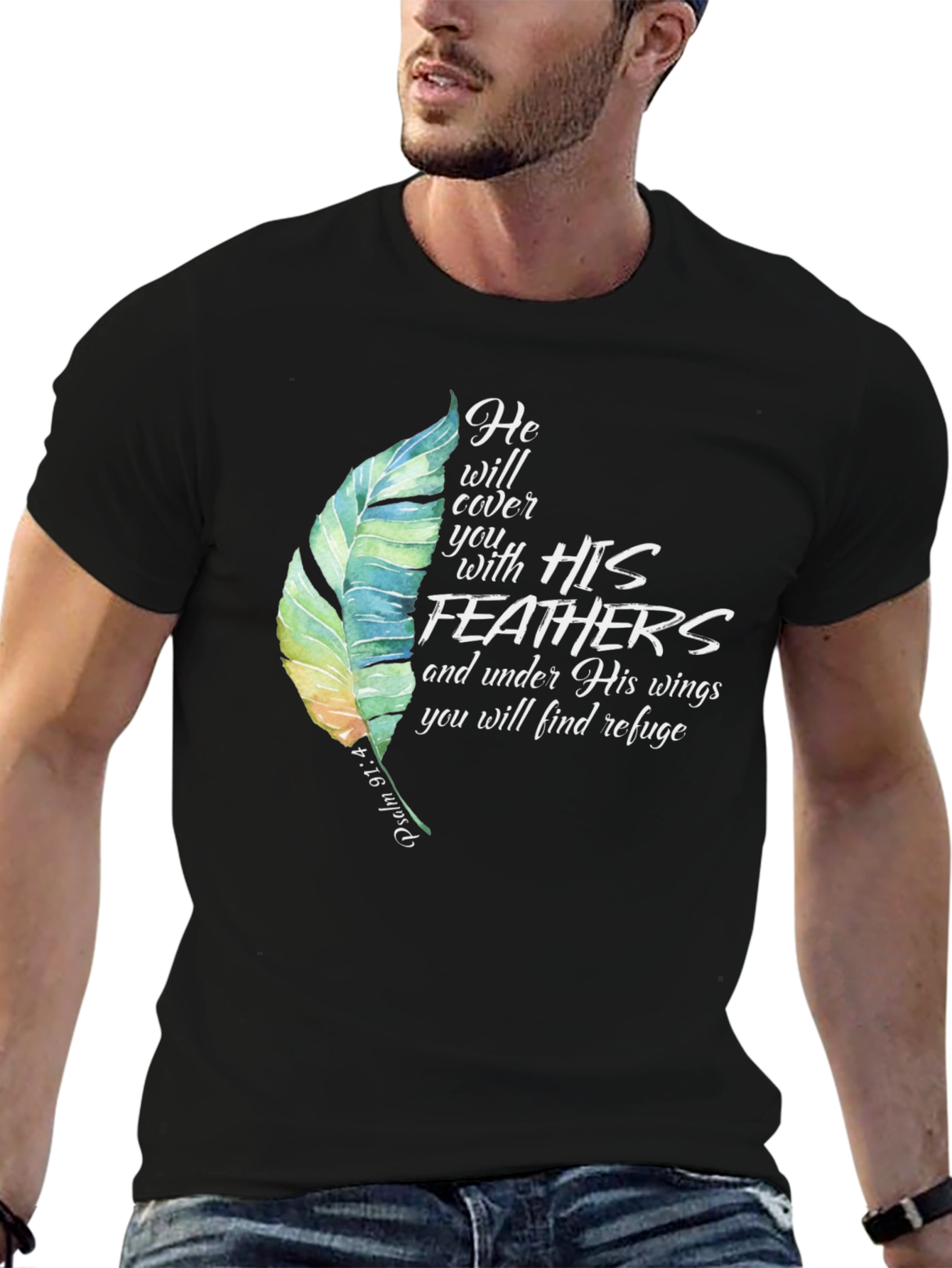 Feathers Graphic Tee Psalm 91:4 Religious Shirt