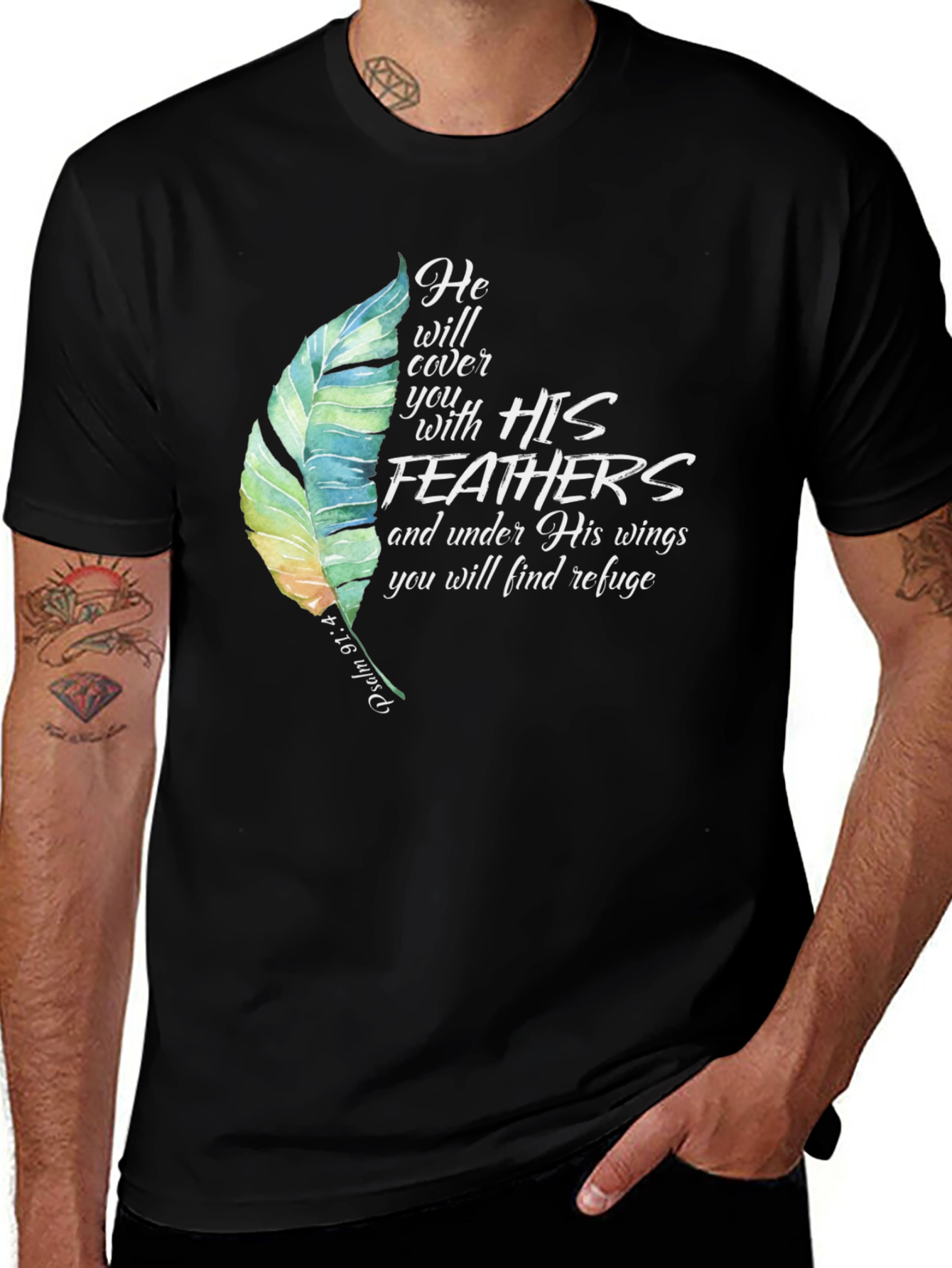 Feathers Graphic Tee Psalm 91:4 Religious Shirt