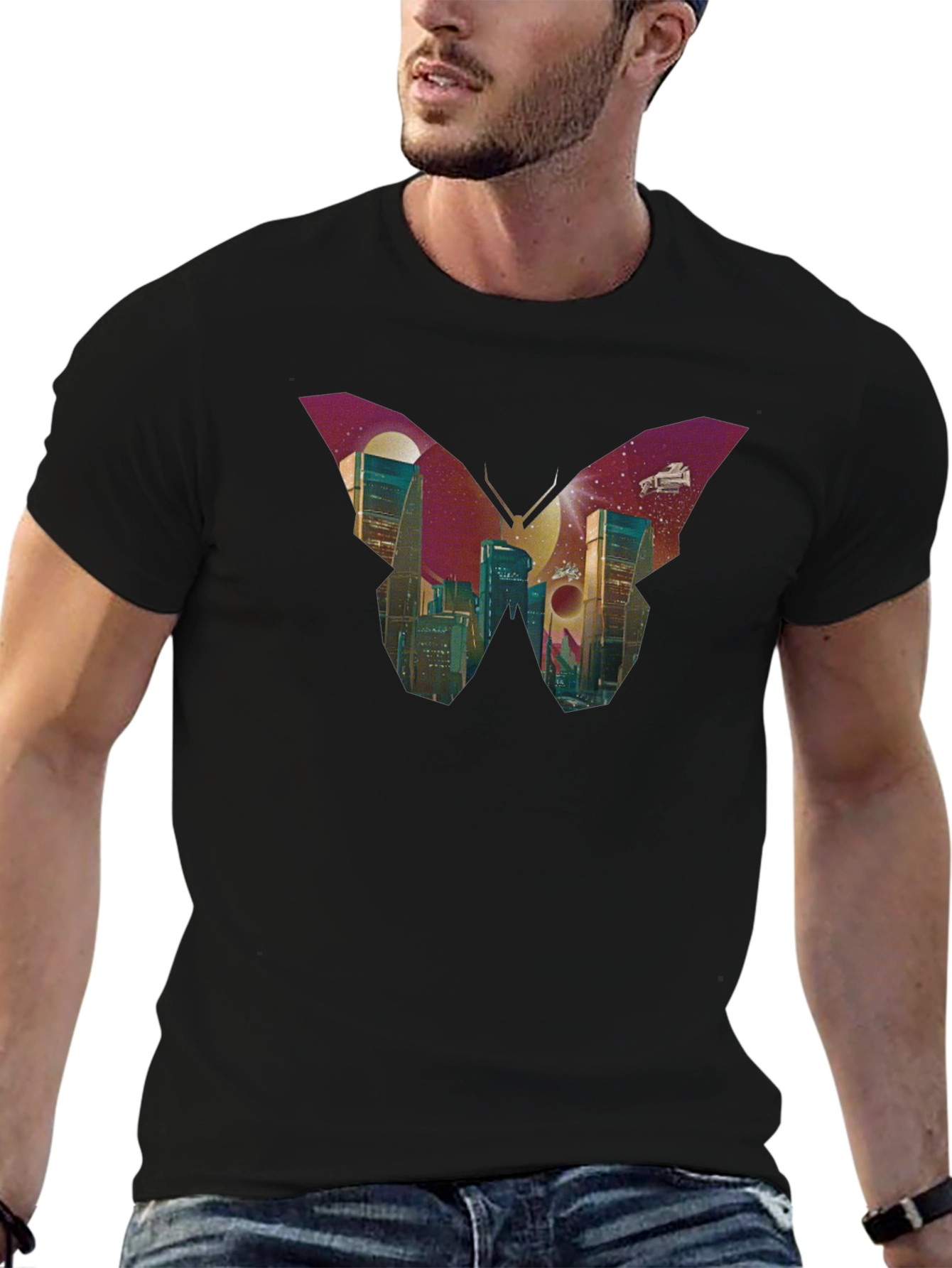 Butterfly Cityscape Graphic Tee - Modern Art T-Shirt
