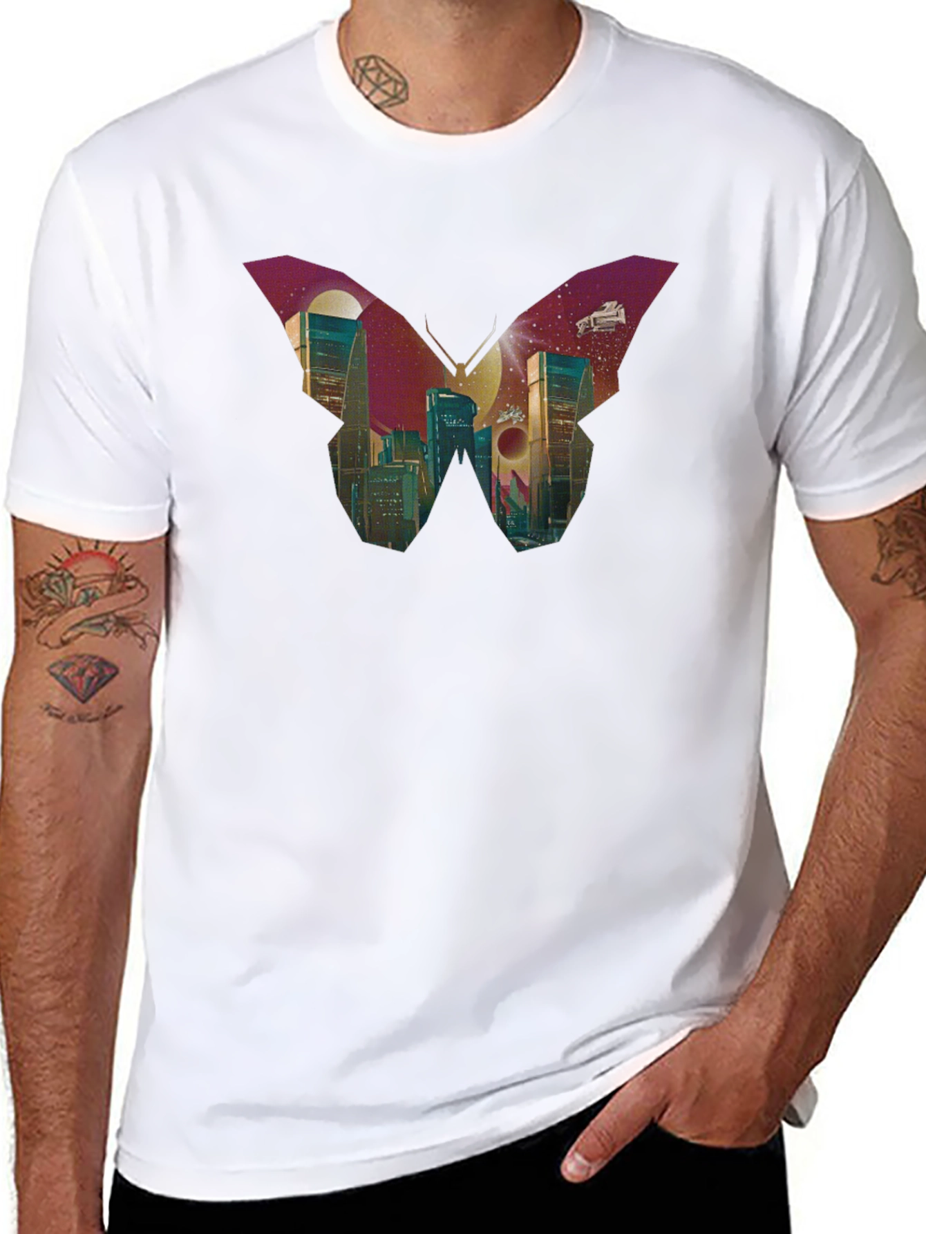 Butterfly Cityscape Graphic Tee - Modern Art T-Shirt