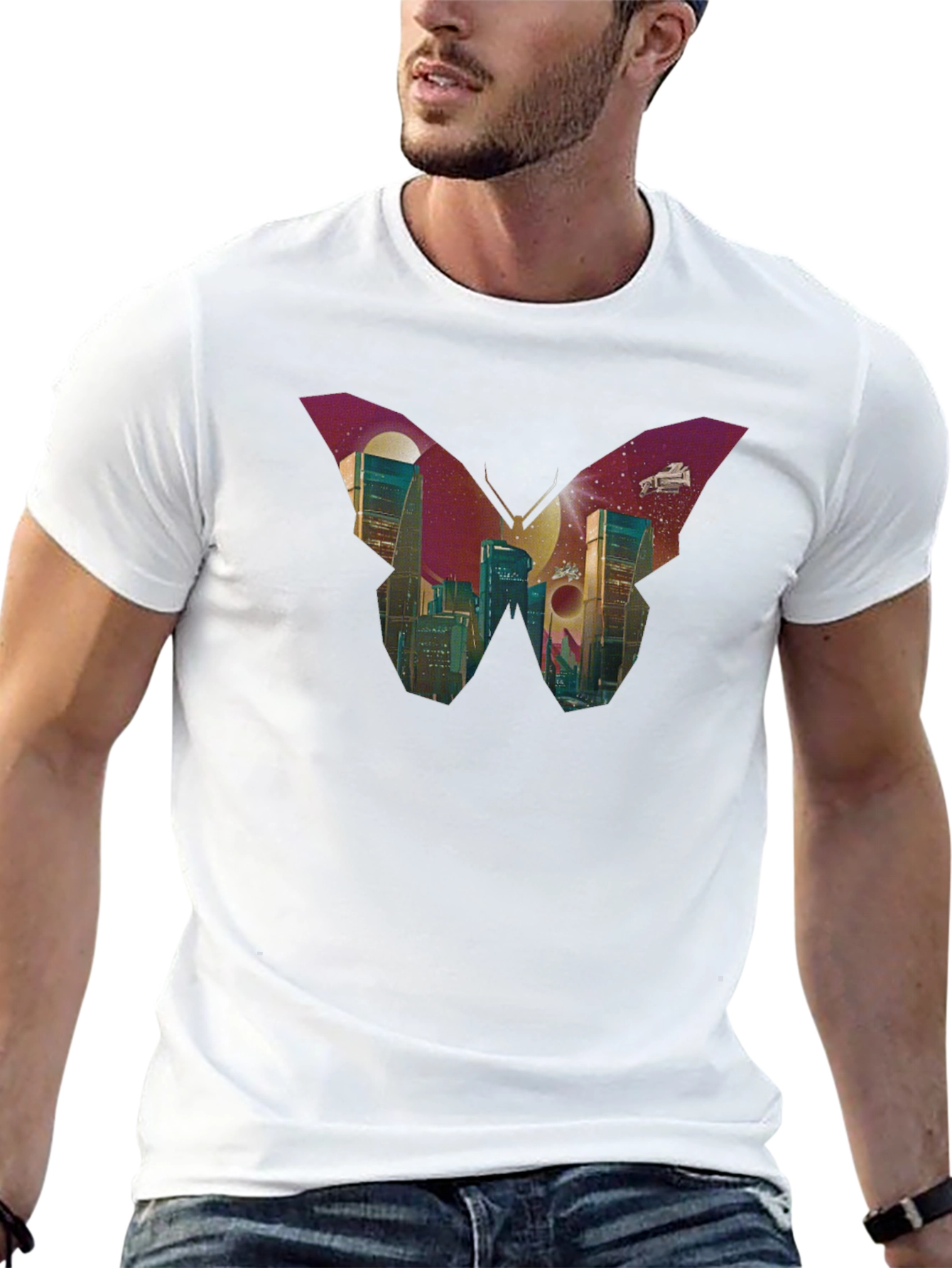 Butterfly Cityscape Graphic Tee - Modern Art T-Shirt