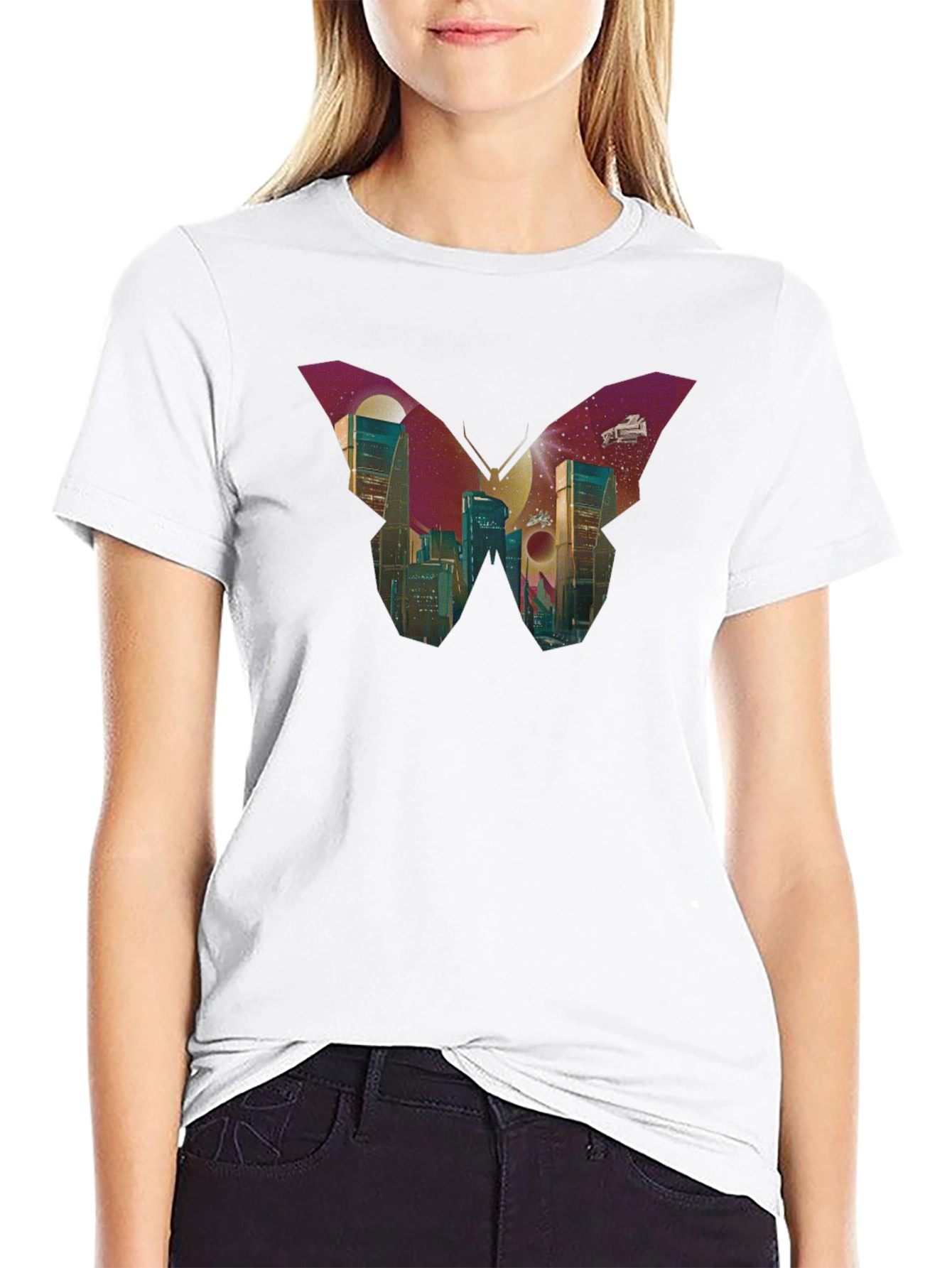 Butterfly Cityscape Graphic Tee - Modern Art T-Shirt