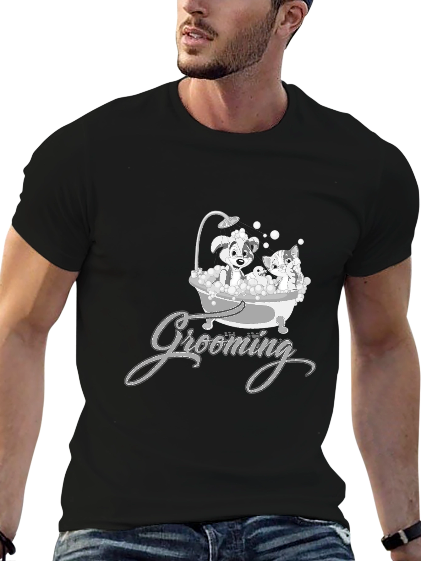 Cute Pet Grooming T-Shirt - Dog and Cat Cartoon